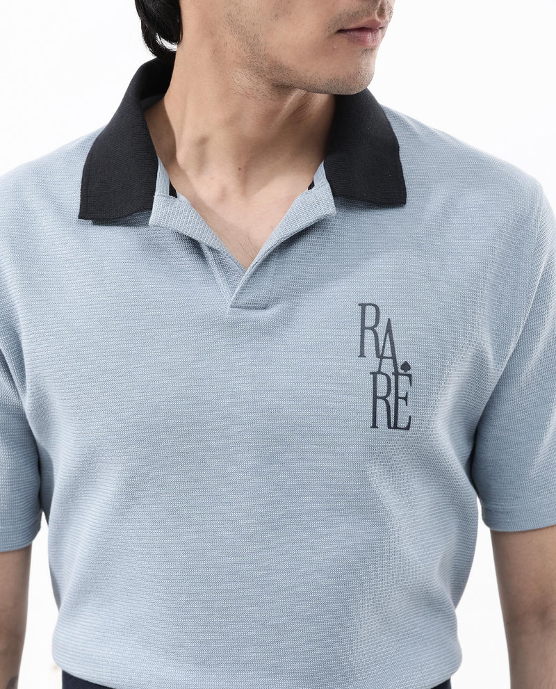 Rare Rabbit Mens Amber Dusky Blue Short Sleeve Relaxed Fit Johnny Collar Polo T-Shirt