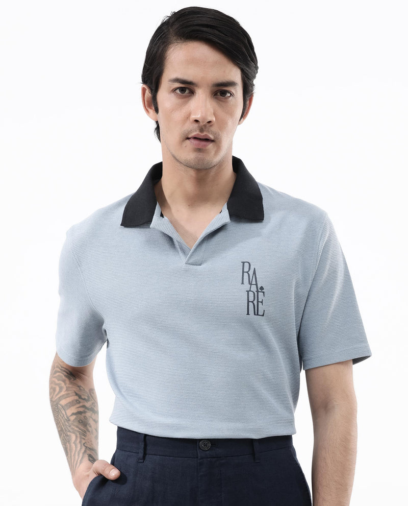 Rare Rabbit Mens Amber Dusky Blue Short Sleeve Relaxed Fit Johnny Collar Polo T-Shirt