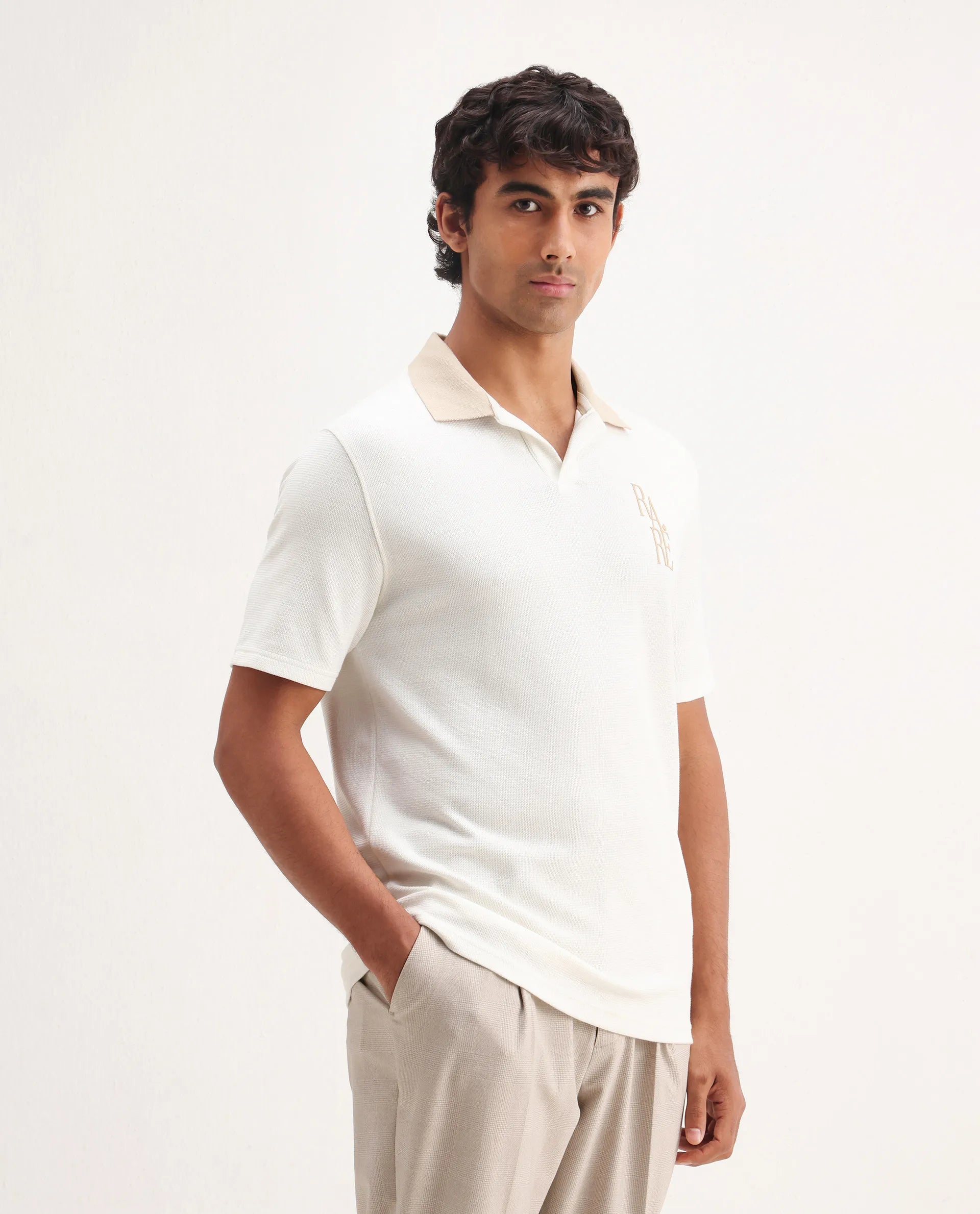 Rare Rabbit Men's Amber Off White Cotton Blend Graphic Print Relaxed Fit Half Sleeve Polo