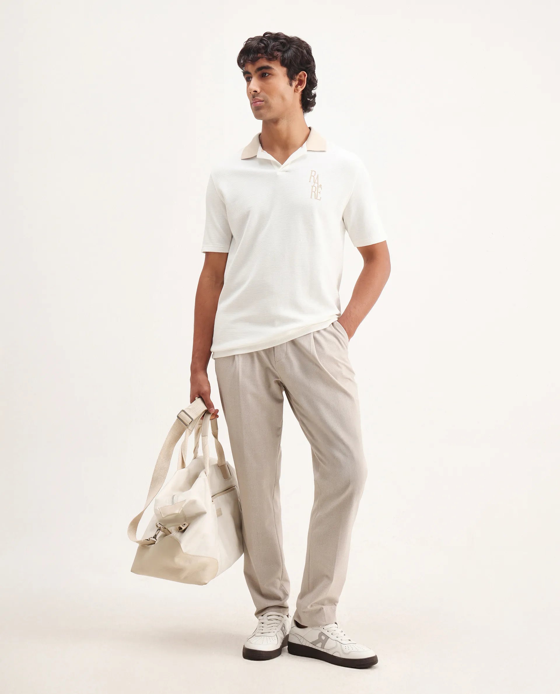 Rare Rabbit Men's Amber Off White Cotton Blend Graphic Print Relaxed Fit Half Sleeve Polo