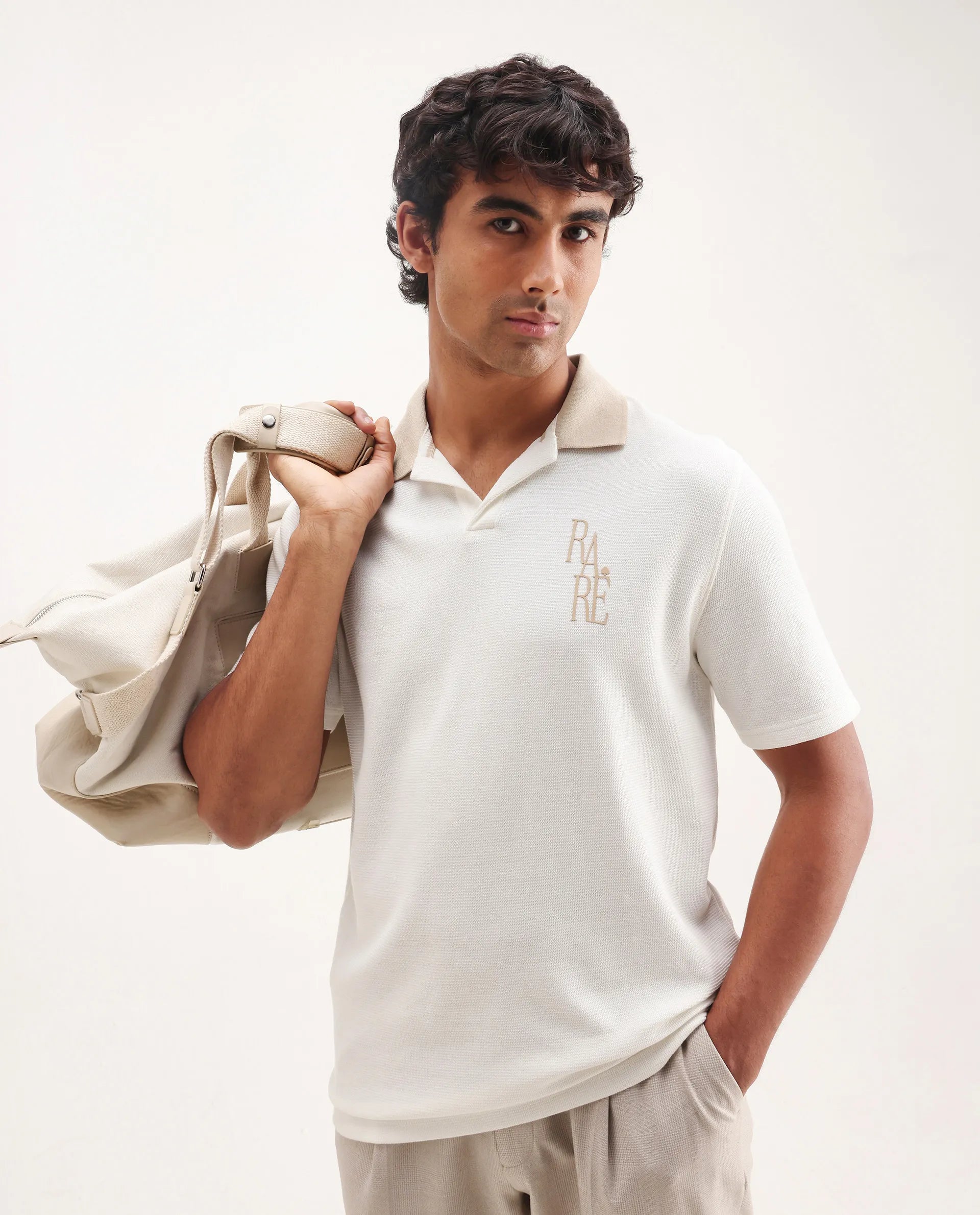 Rare Rabbit Men's Amber Off White Cotton Blend Graphic Print Relaxed Fit Half Sleeve Polo