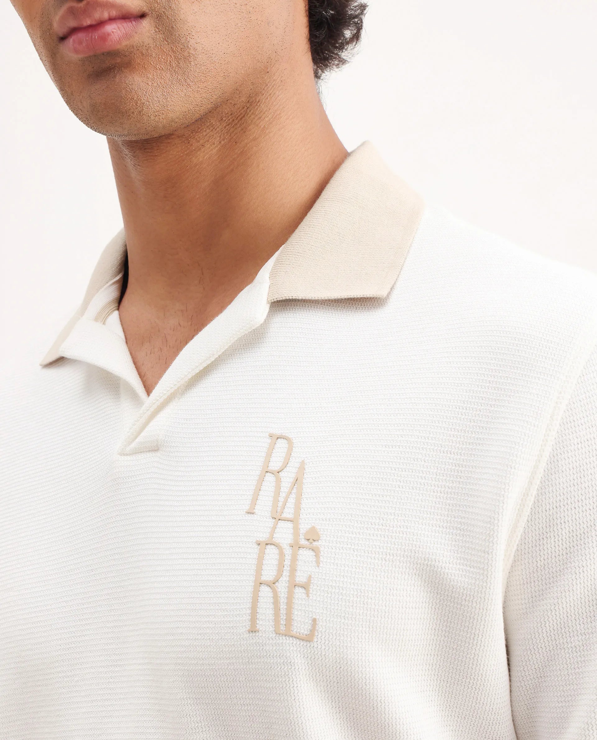 Rare Rabbit Men's Amber Off White Cotton Blend Graphic Print Relaxed Fit Half Sleeve Polo