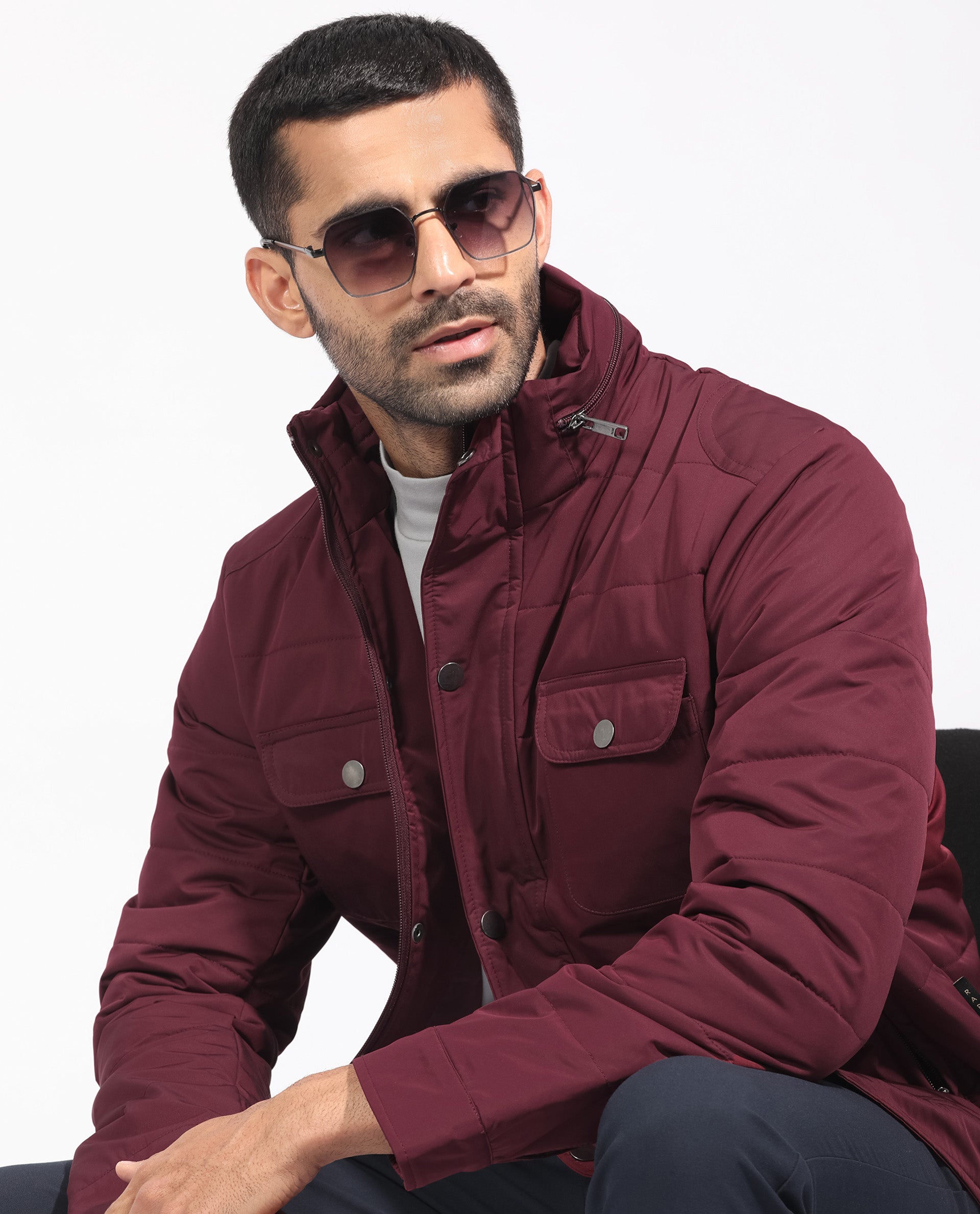 Rare Rabbit Men s Ambr Dark Maroon Plain High Neck Quilted Jacket