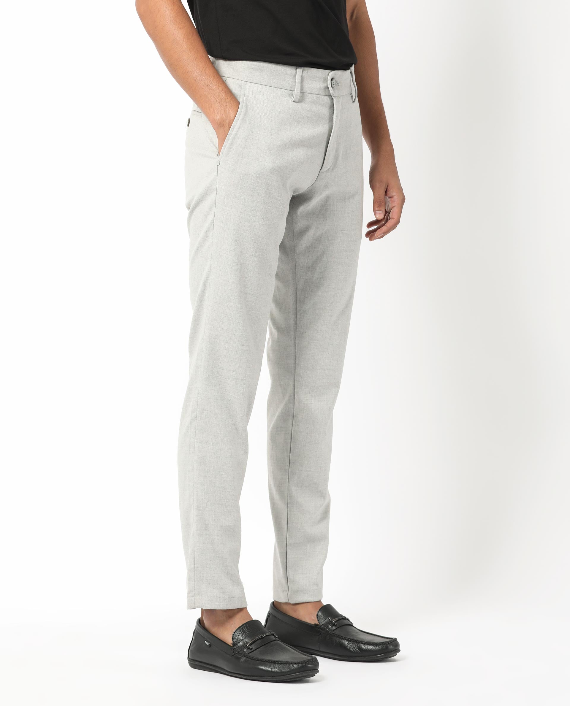 Rare Rabbit Men's Mercer Light Grey Solid Mid-Rise Regular Fit Trouser