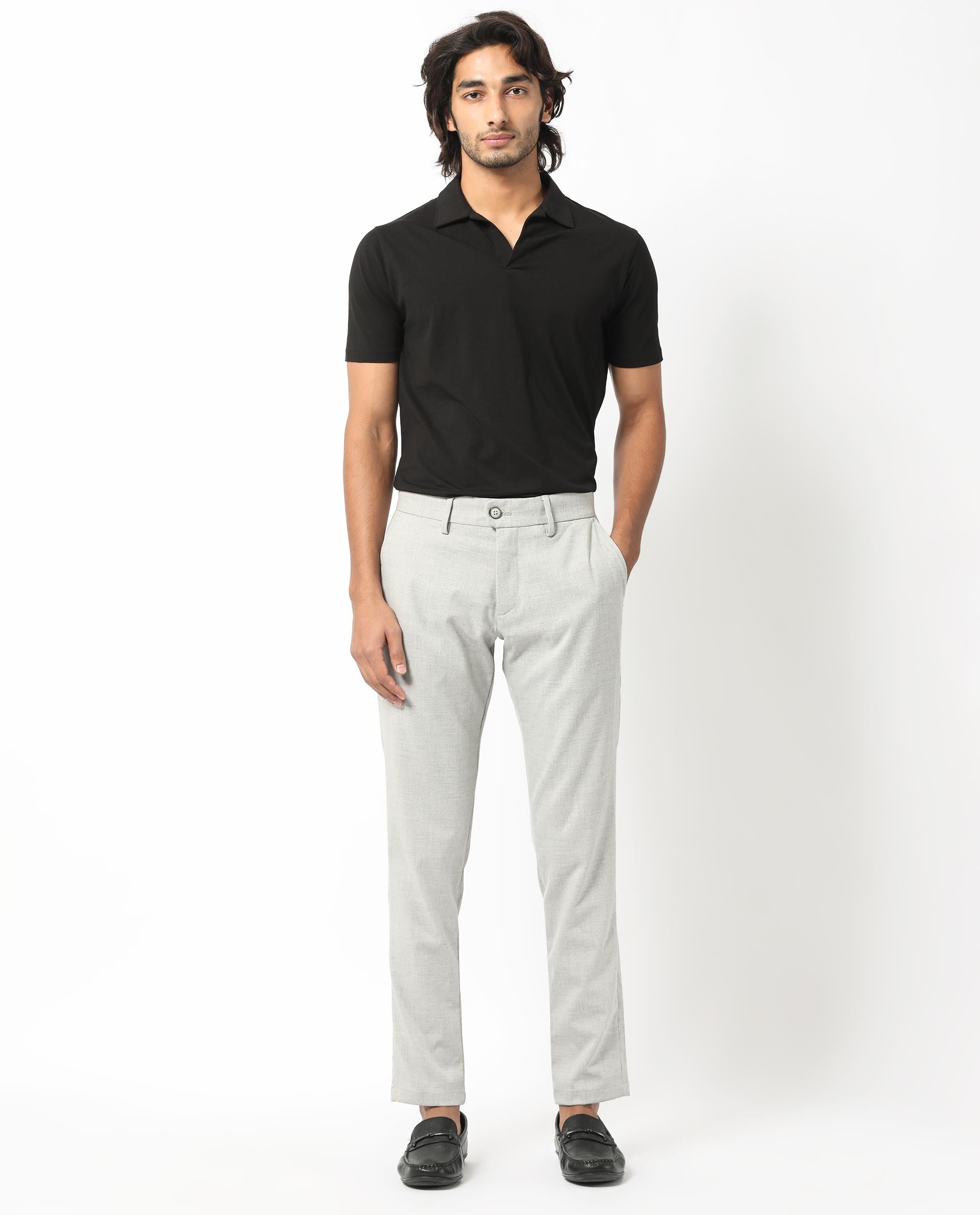 Rare Rabbit Men's Mercer Light Grey Solid Mid-Rise Regular Fit Trouser