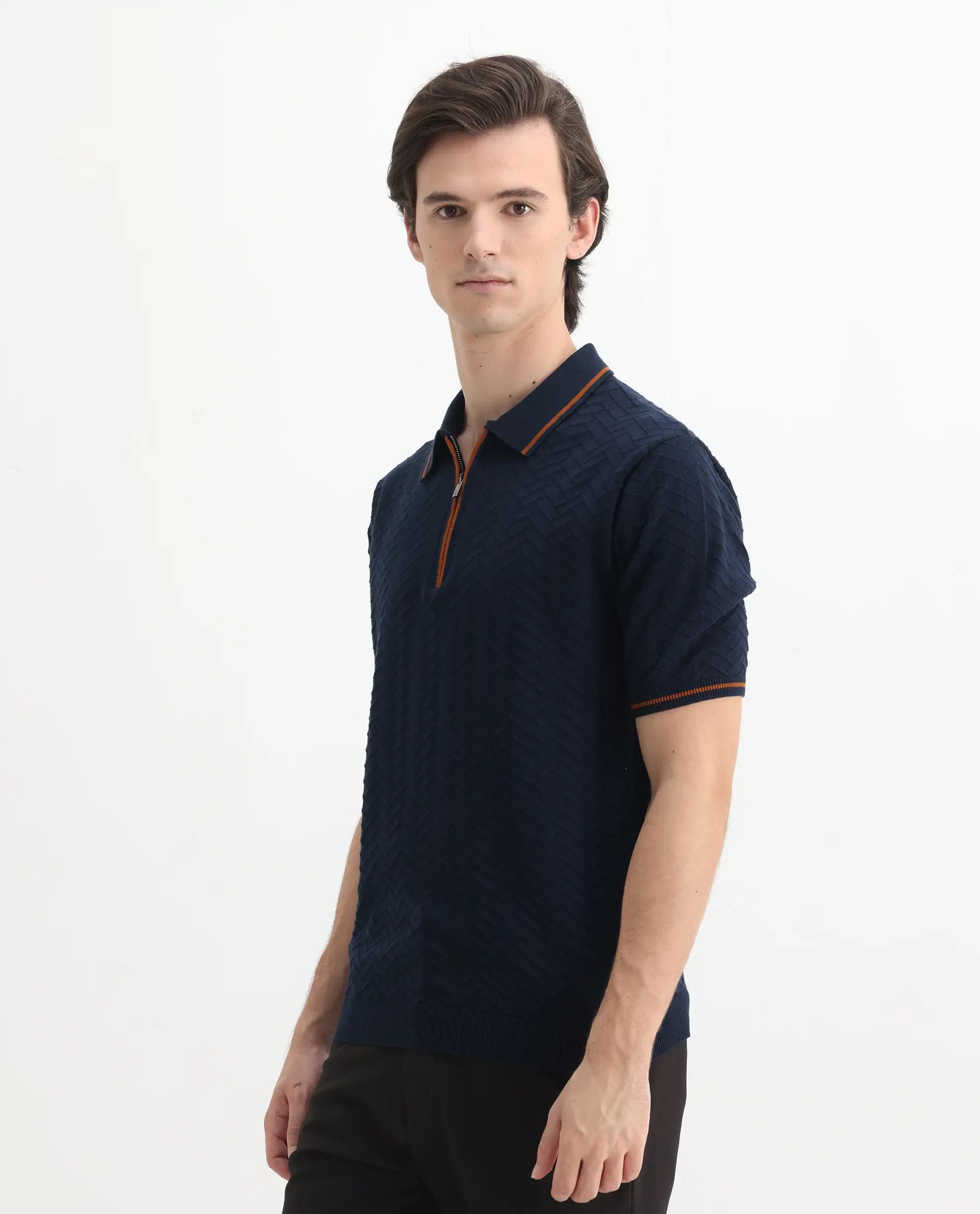 Rare Rabbit Men's Amet Navy Cotton Textured Regular Fit Half Sleeve Polo