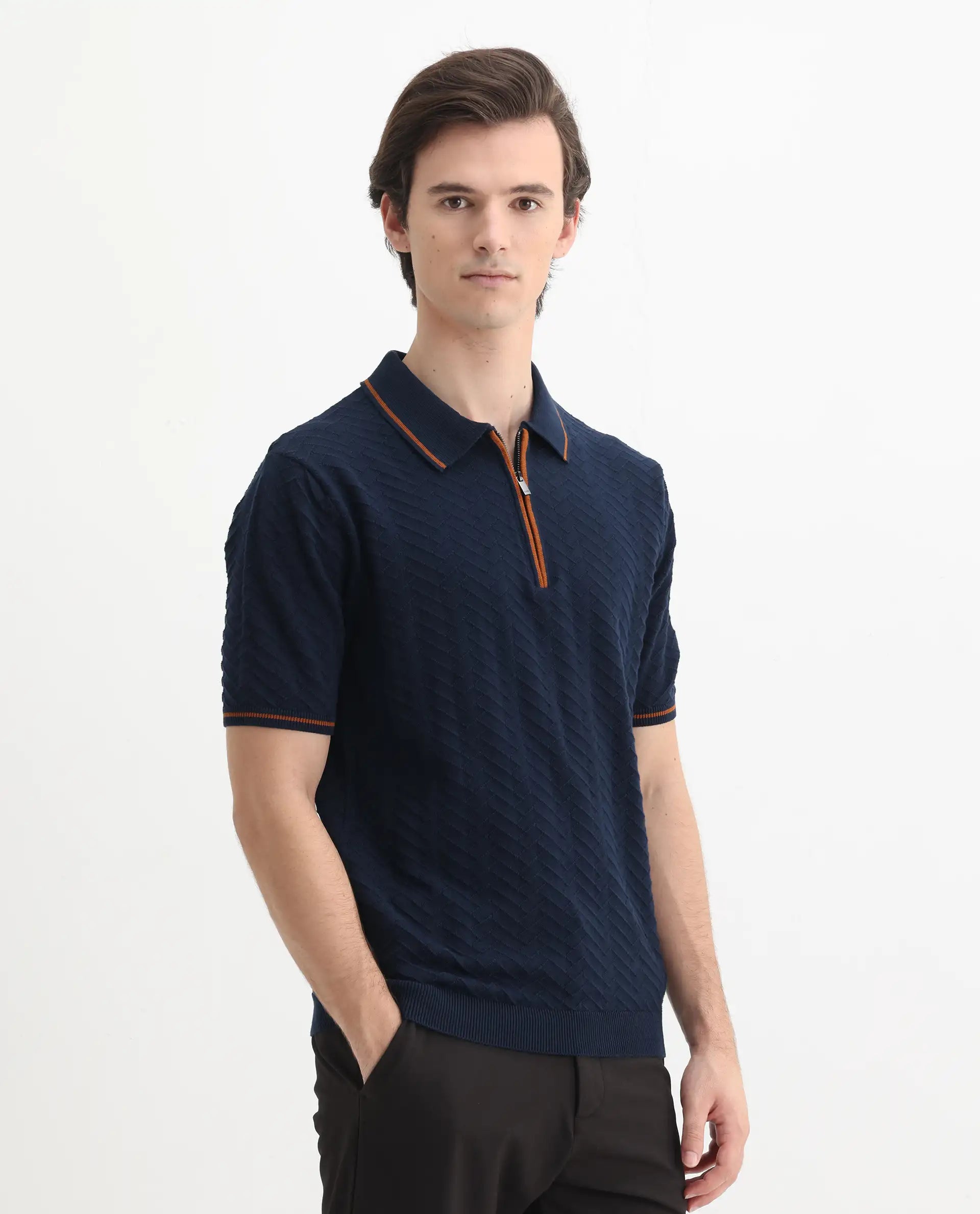 Rare Rabbit Men's Amet Navy Cotton Textured Regular Fit Half Sleeve Polo