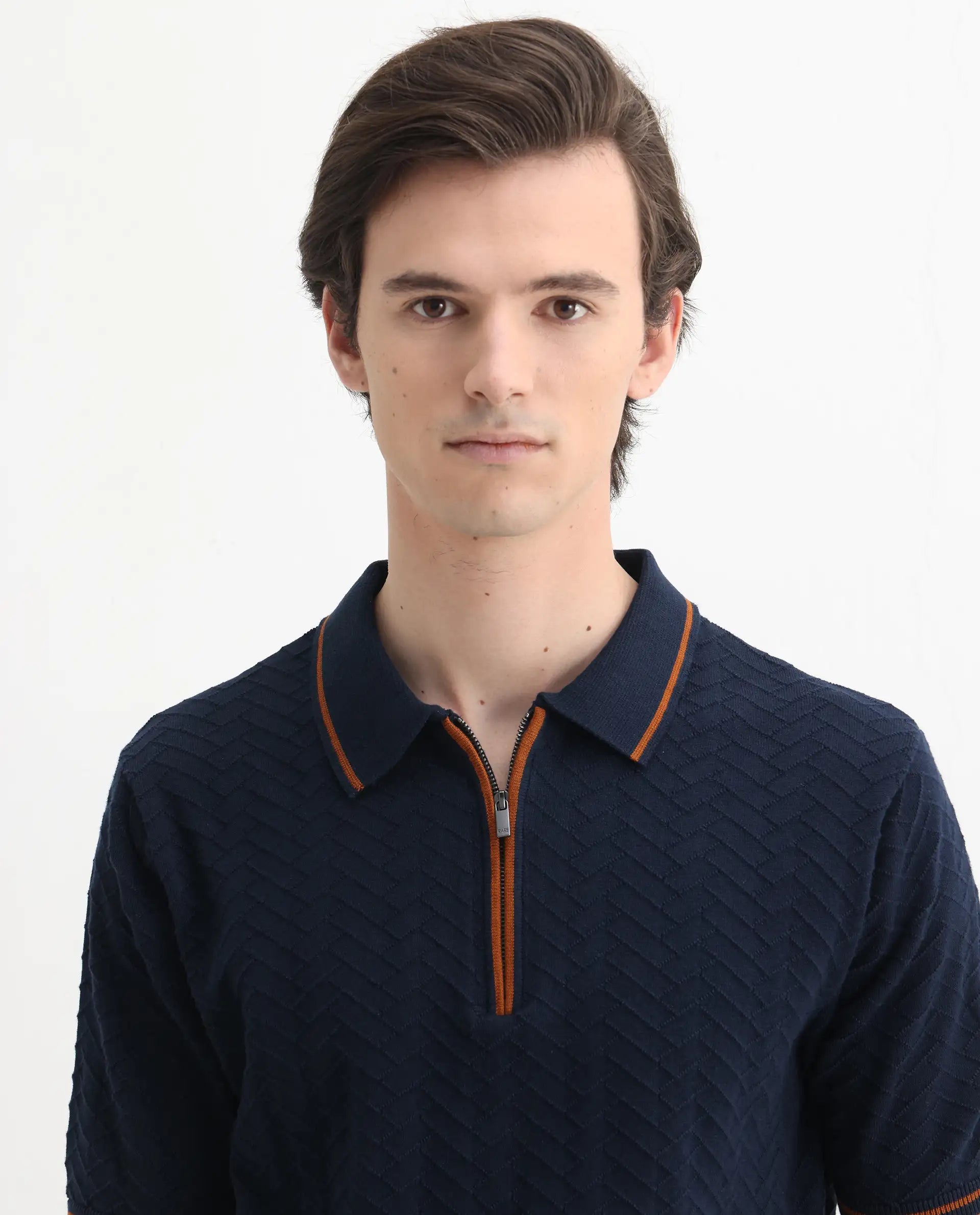 Rare Rabbit Men's Amet Navy Cotton Textured Regular Fit Half Sleeve Polo