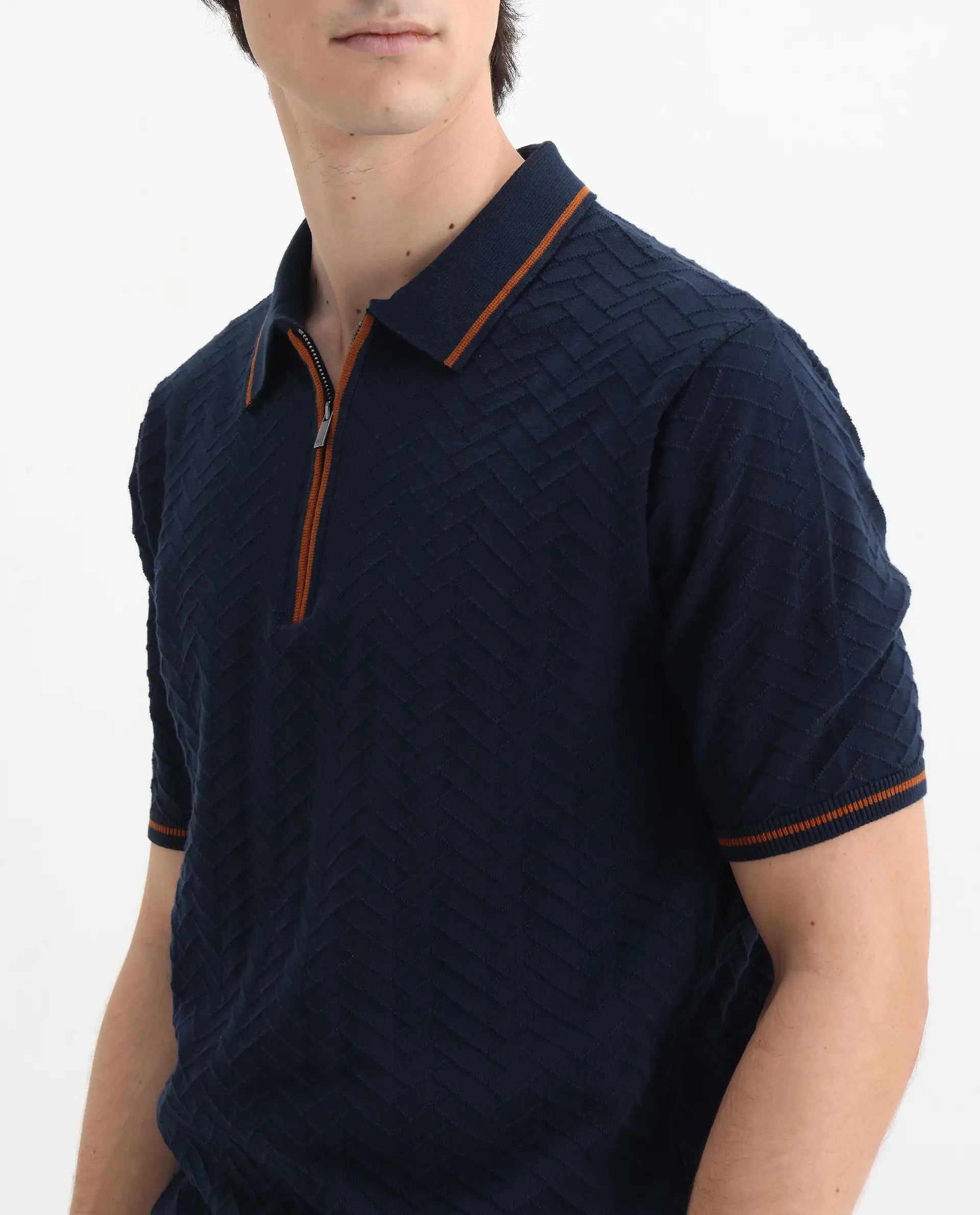Rare Rabbit Men's Amet Navy Cotton Textured Regular Fit Half Sleeve Polo