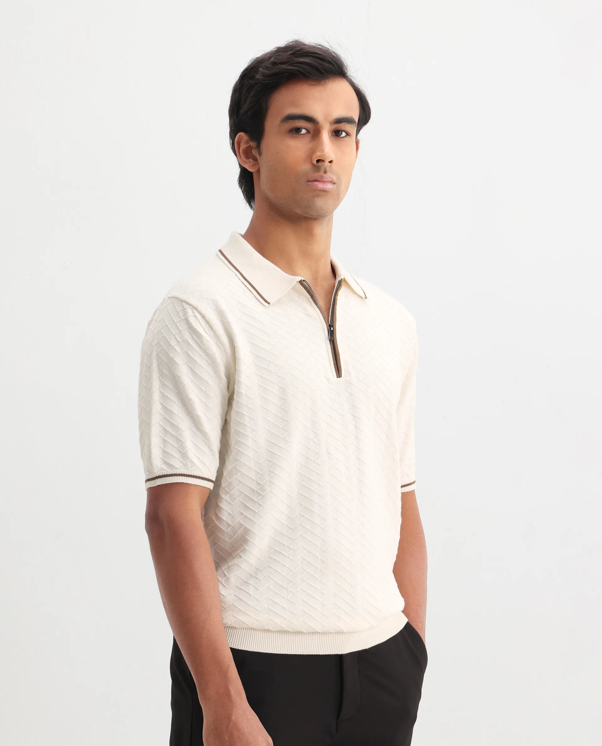 Rare Rabbit Men's Amet Off White Cotton Textured Regular Fit Half Sleeve Polo