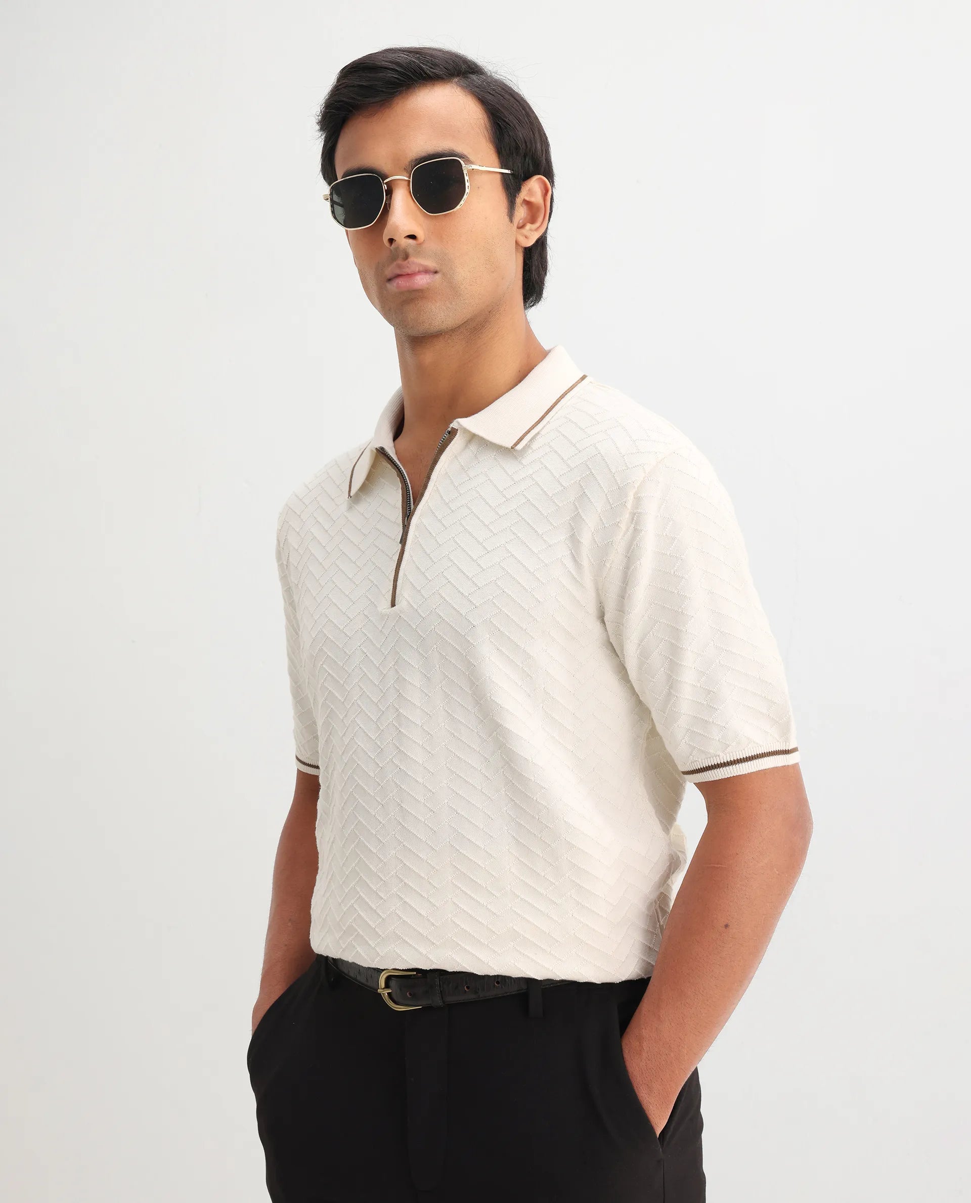 Rare Rabbit Men's Amet Off White Cotton Textured Regular Fit Half Sleeve Polo