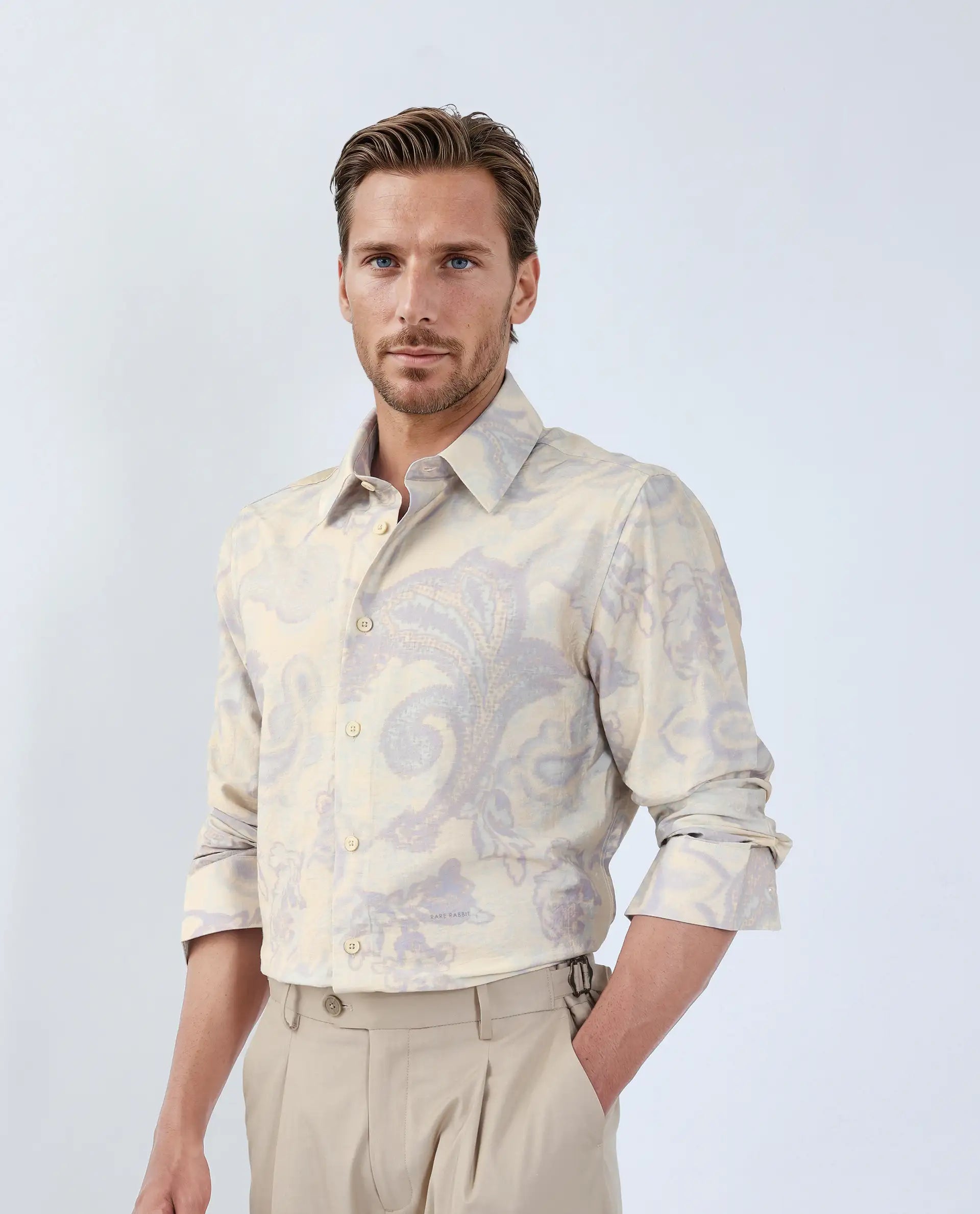 Rare Rabbit Men's Ami Beige Viscose Abstract Print Relaxed Fit Full Sleeve Collared Shirt