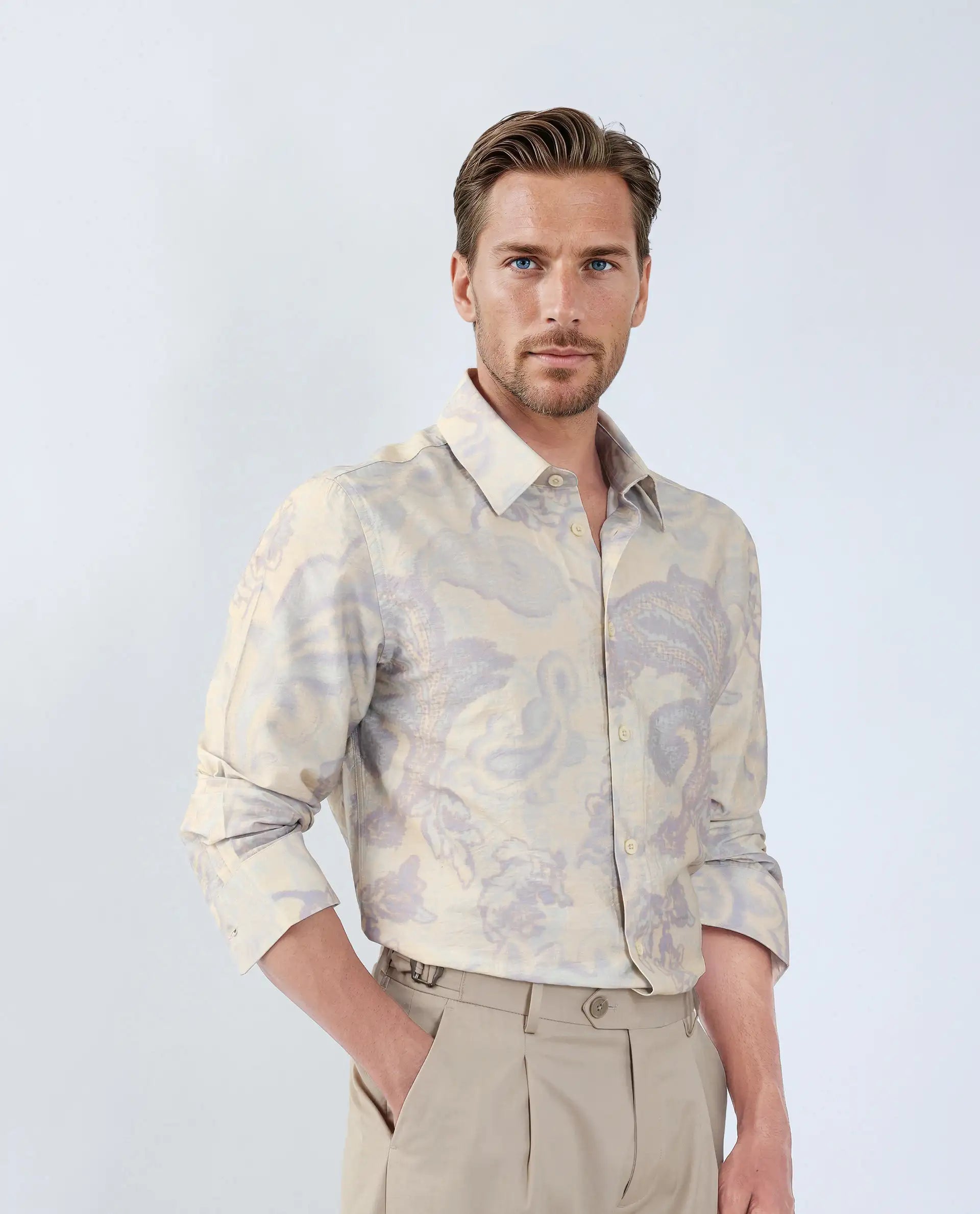 Rare Rabbit Men's Ami Beige Viscose Abstract Print Relaxed Fit Full Sleeve Collared Shirt