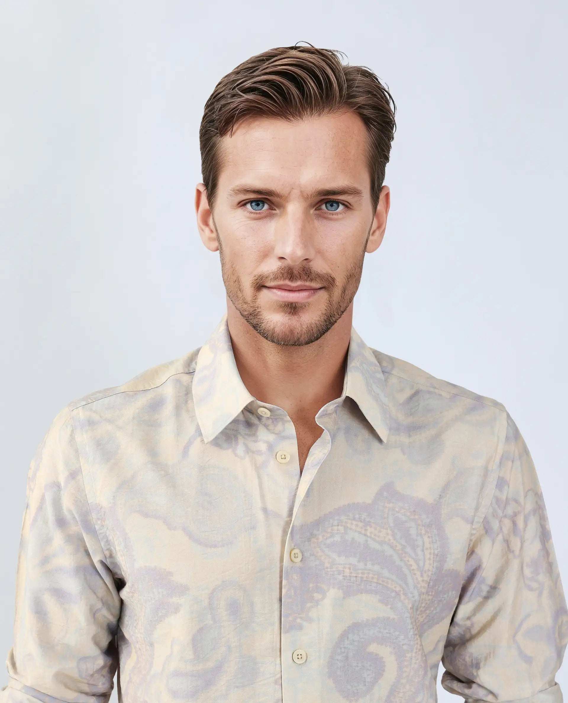 Rare Rabbit Men's Ami Beige Viscose Abstract Print Relaxed Fit Full Sleeve Collared Shirt