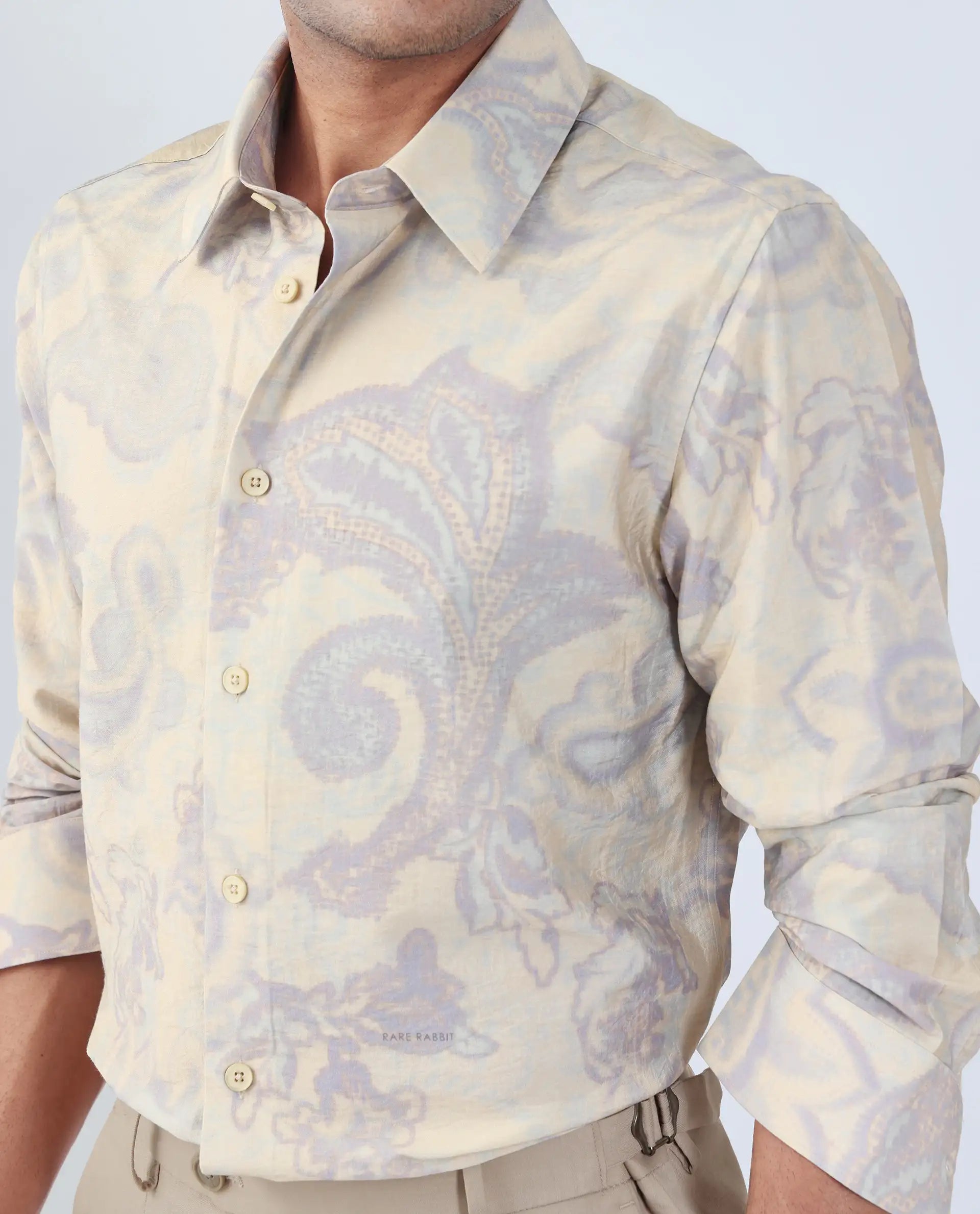 Rare Rabbit Men's Ami Beige Viscose Abstract Print Relaxed Fit Full Sleeve Collared Shirt