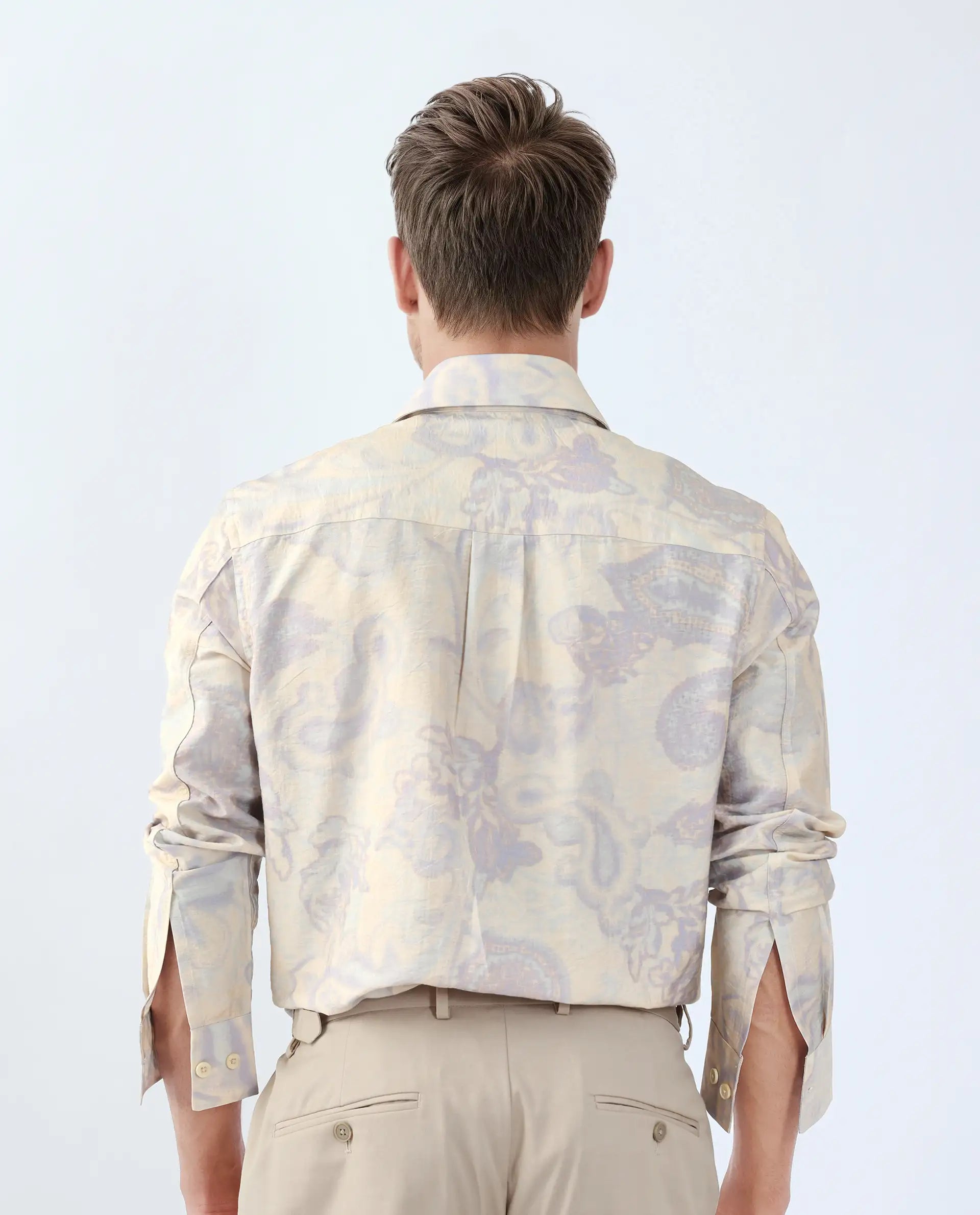 Rare Rabbit Men's Ami Beige Viscose Abstract Print Relaxed Fit Full Sleeve Collared Shirt