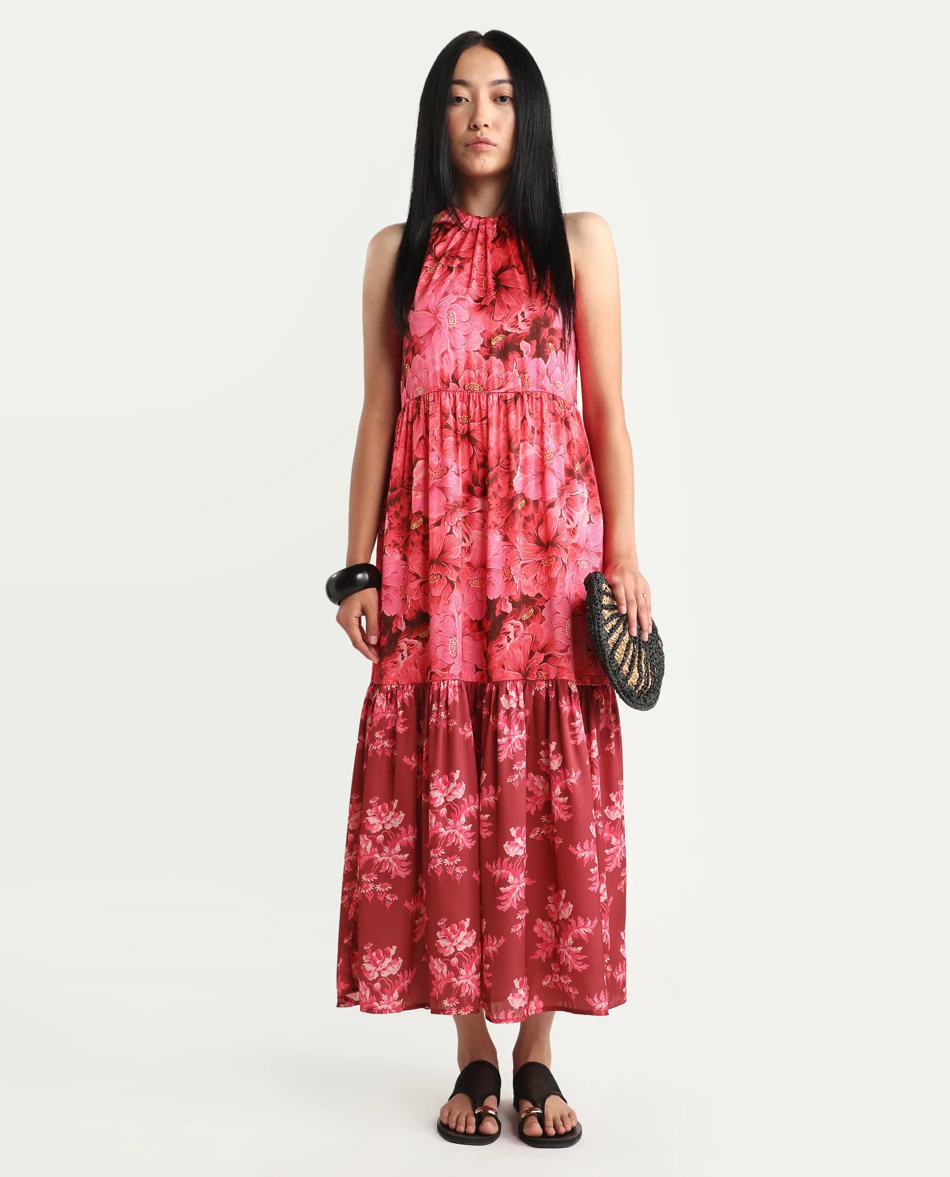 Rareism Women's Amilio Maroon Polyester Halter Neck Floral Print Sleeveless Maxi Regular Fit Dress