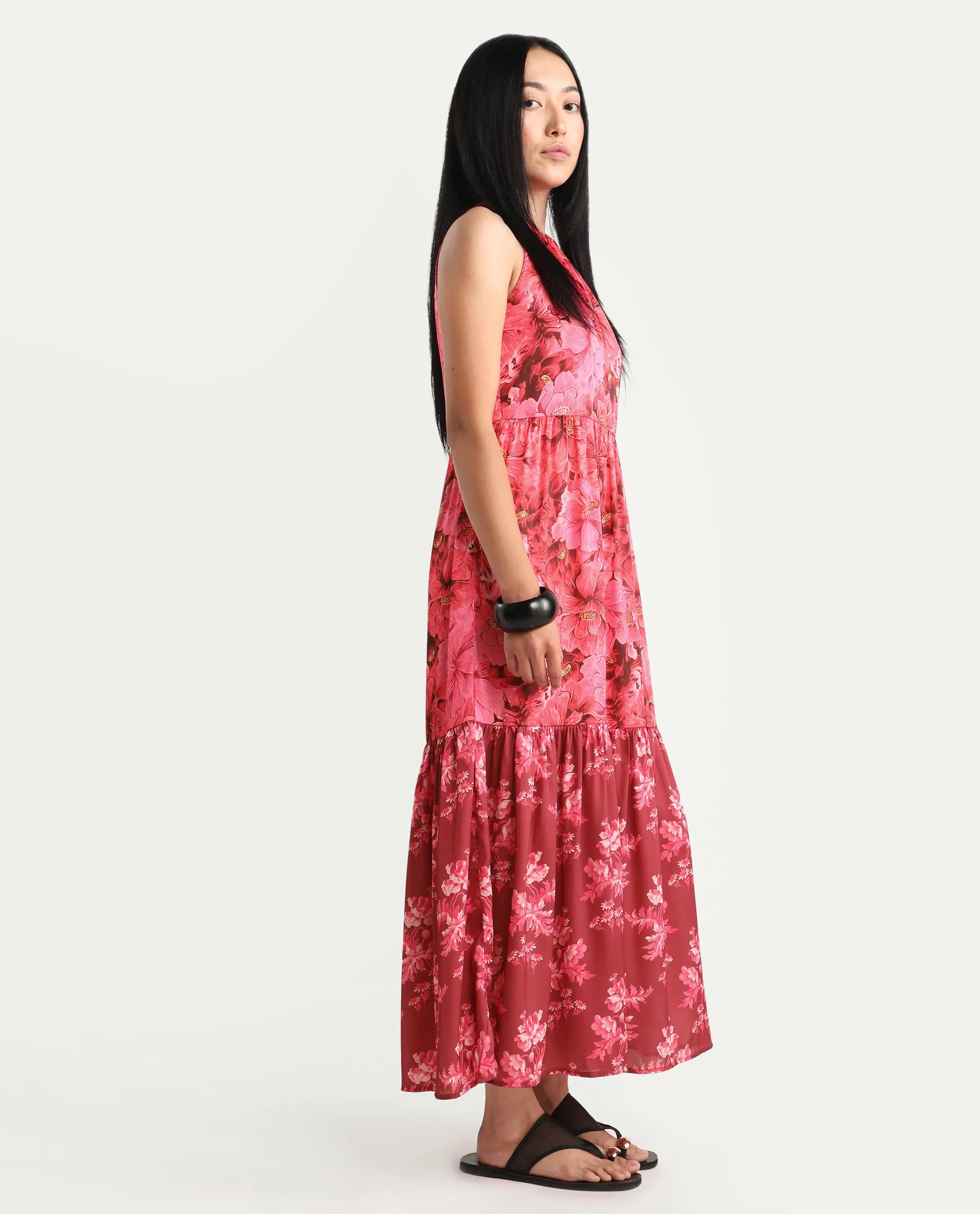 Rareism Women's Amilio Maroon Polyester Halter Neck Floral Print Sleeveless Maxi Regular Fit Dress