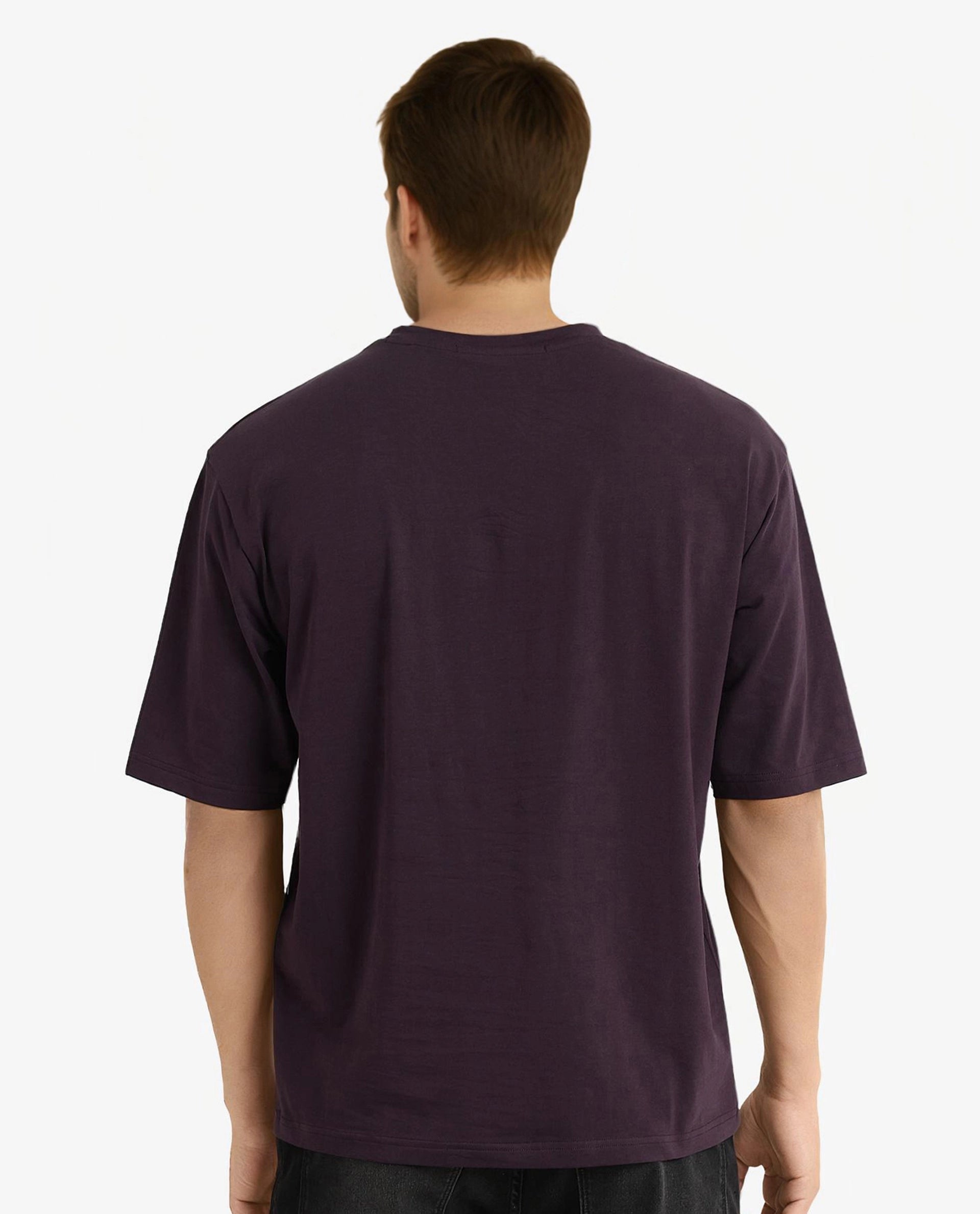 Rare Rabbit Men Ammon Dark Purple Cotton Lycra Fabric Short Sleeve Crew Neck Oversized Fit Graphic Print T-Shirt
