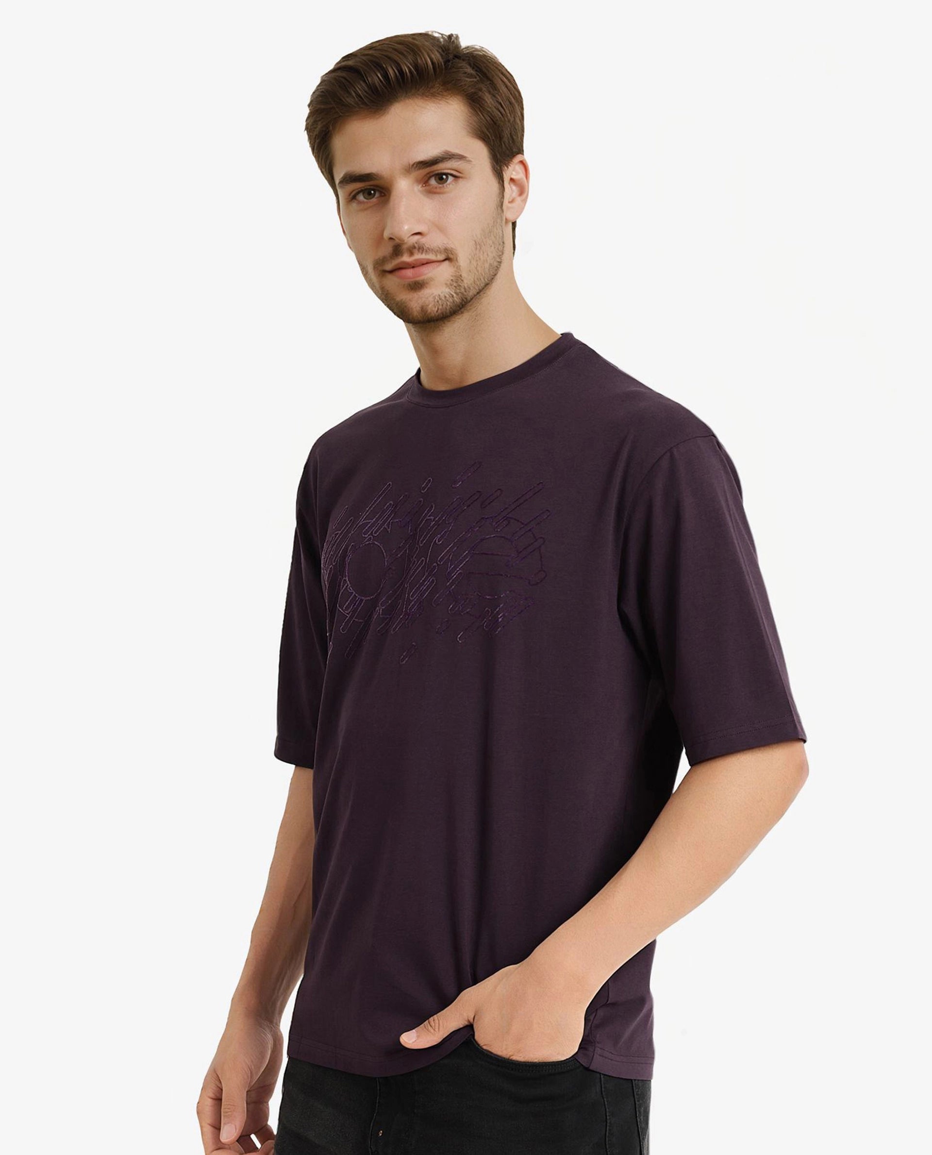 Rare Rabbit Men Ammon Dark Purple Cotton Lycra Fabric Short Sleeve Crew Neck Oversized Fit Graphic Print T-Shirt