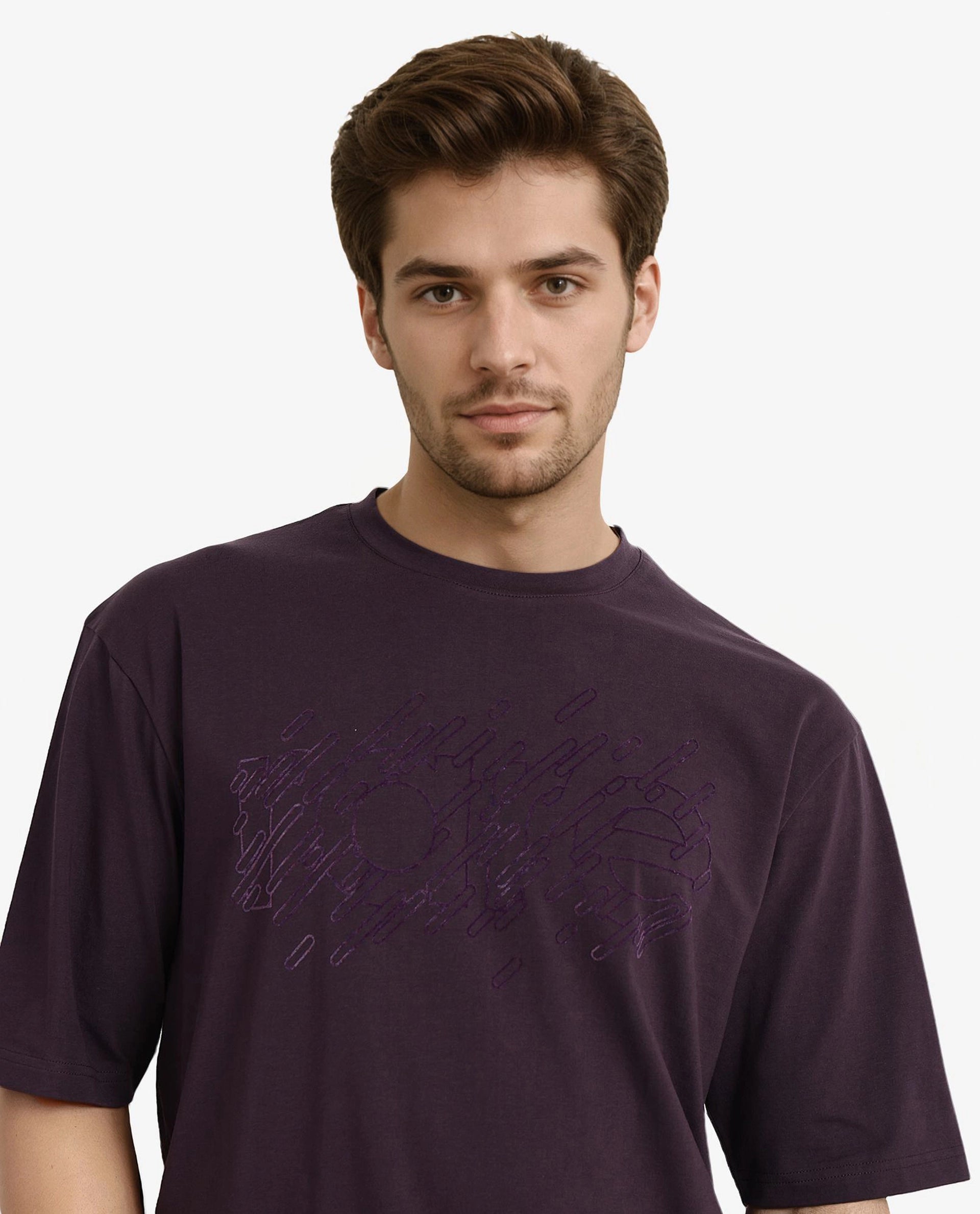 Rare Rabbit Men Ammon Dark Purple Cotton Lycra Fabric Short Sleeve Crew Neck Oversized Fit Graphic Print T-Shirt