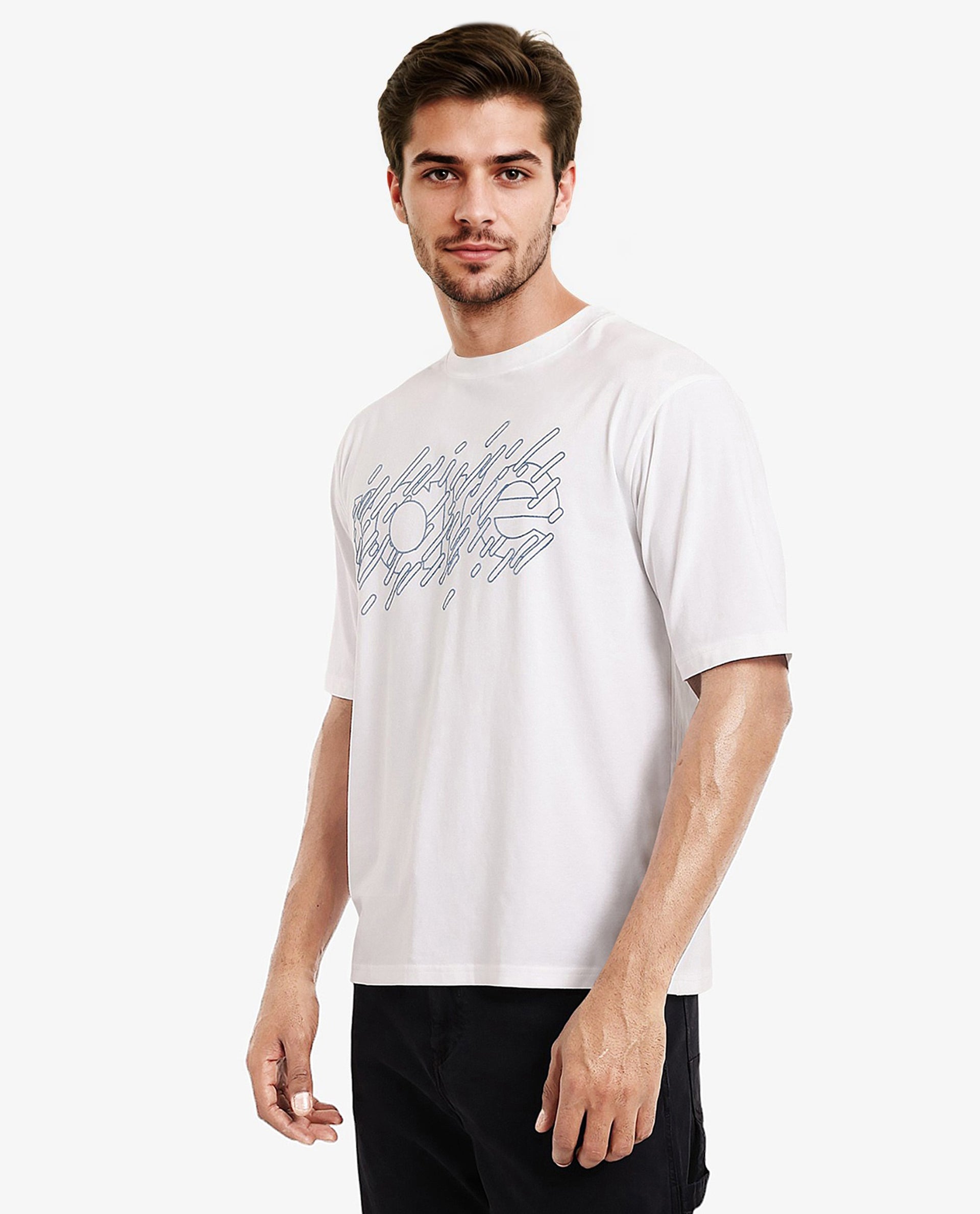 Rare Rabbit Men Ammon Dark White Cotton Lycra Fabric Short Sleeve Crew Neck Oversized Fit Graphic Print T-Shirt