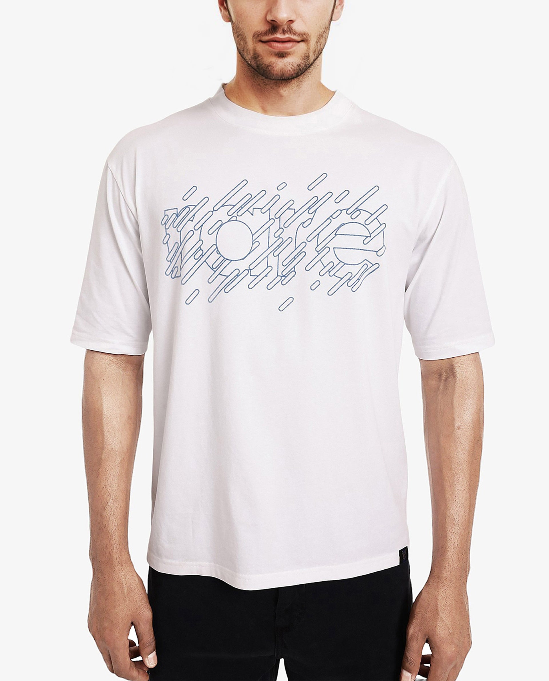 Rare Rabbit Men Ammon Dark White Cotton Lycra Fabric Short Sleeve Crew Neck Oversized Fit Graphic Print T-Shirt