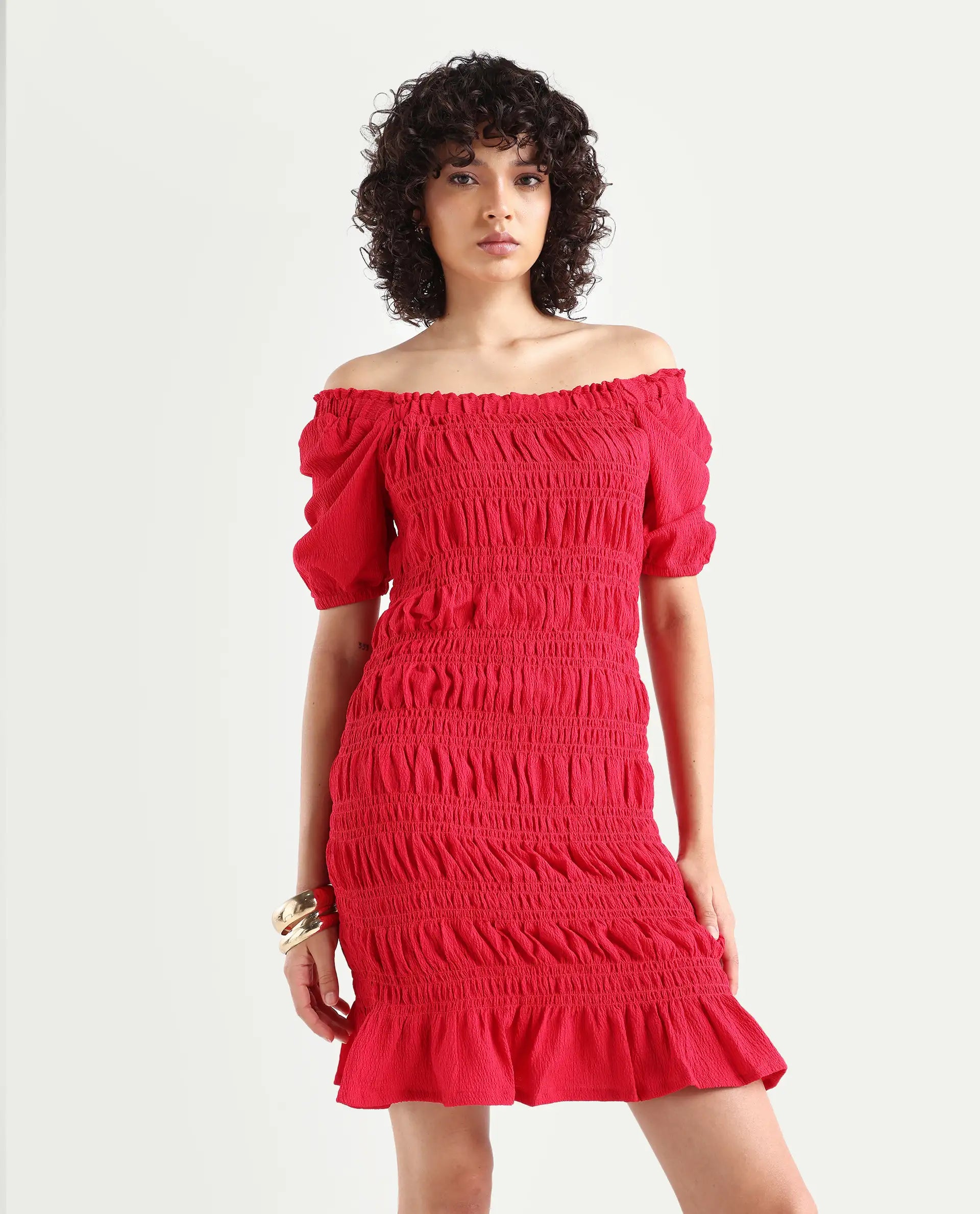 Rareism Women's Ammo Red Viscose Square Neck Plain Puff Sleeves Knee Length Regular Fit Dress