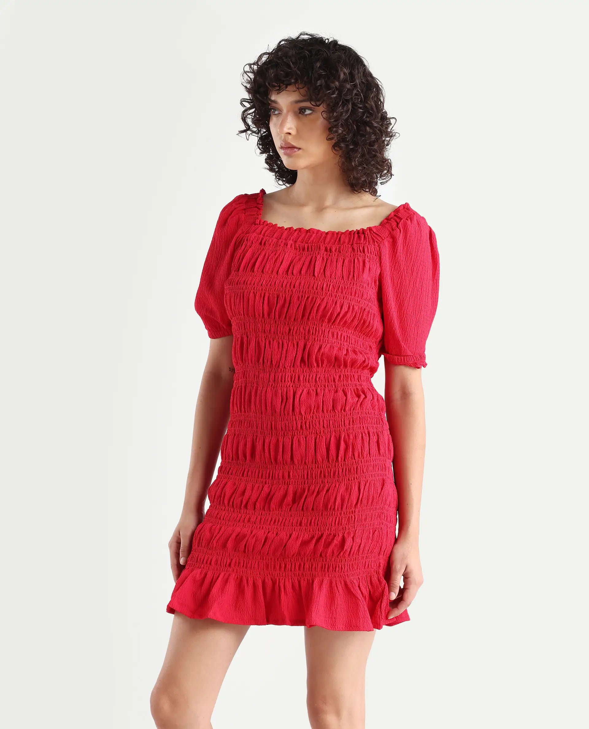Rareism Women's Ammo Red Viscose Square Neck Plain Puff Sleeves Knee Length Regular Fit Dress