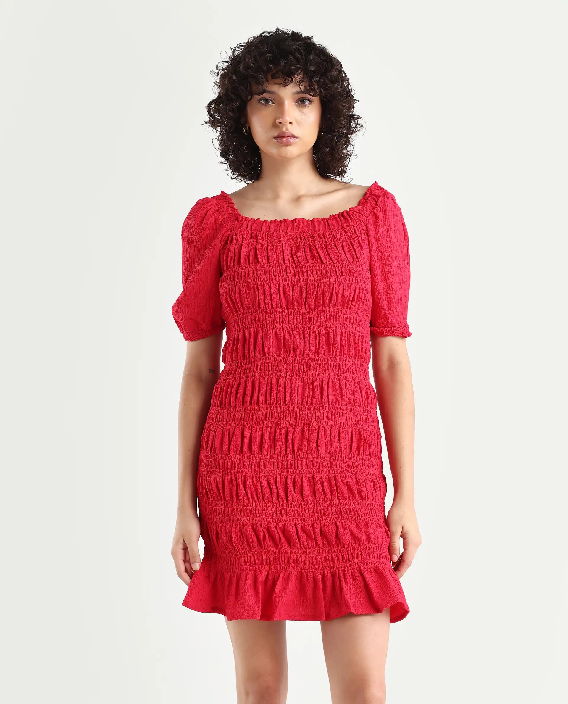 Rareism Women's Ammo Red Viscose Square Neck Plain Puff Sleeves Knee Length Regular Fit Dress