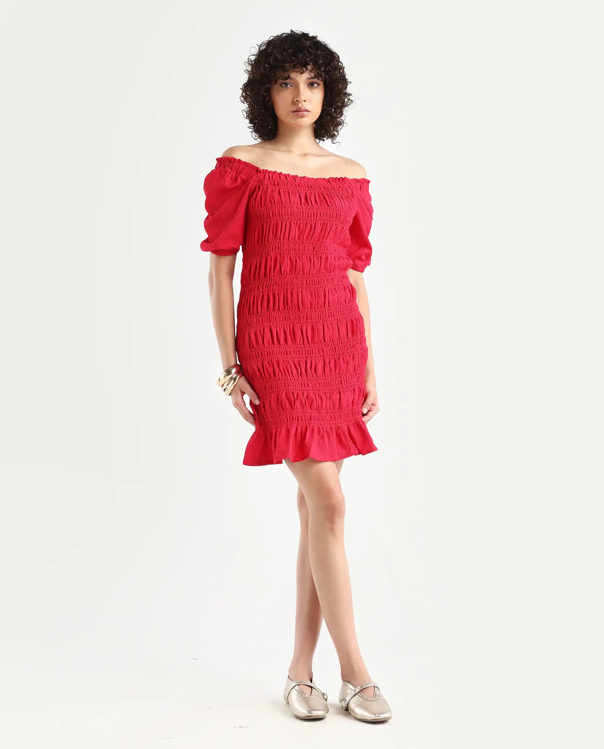 Rareism Women's Ammo Red Viscose Square Neck Plain Puff Sleeves Knee Length Regular Fit Dress