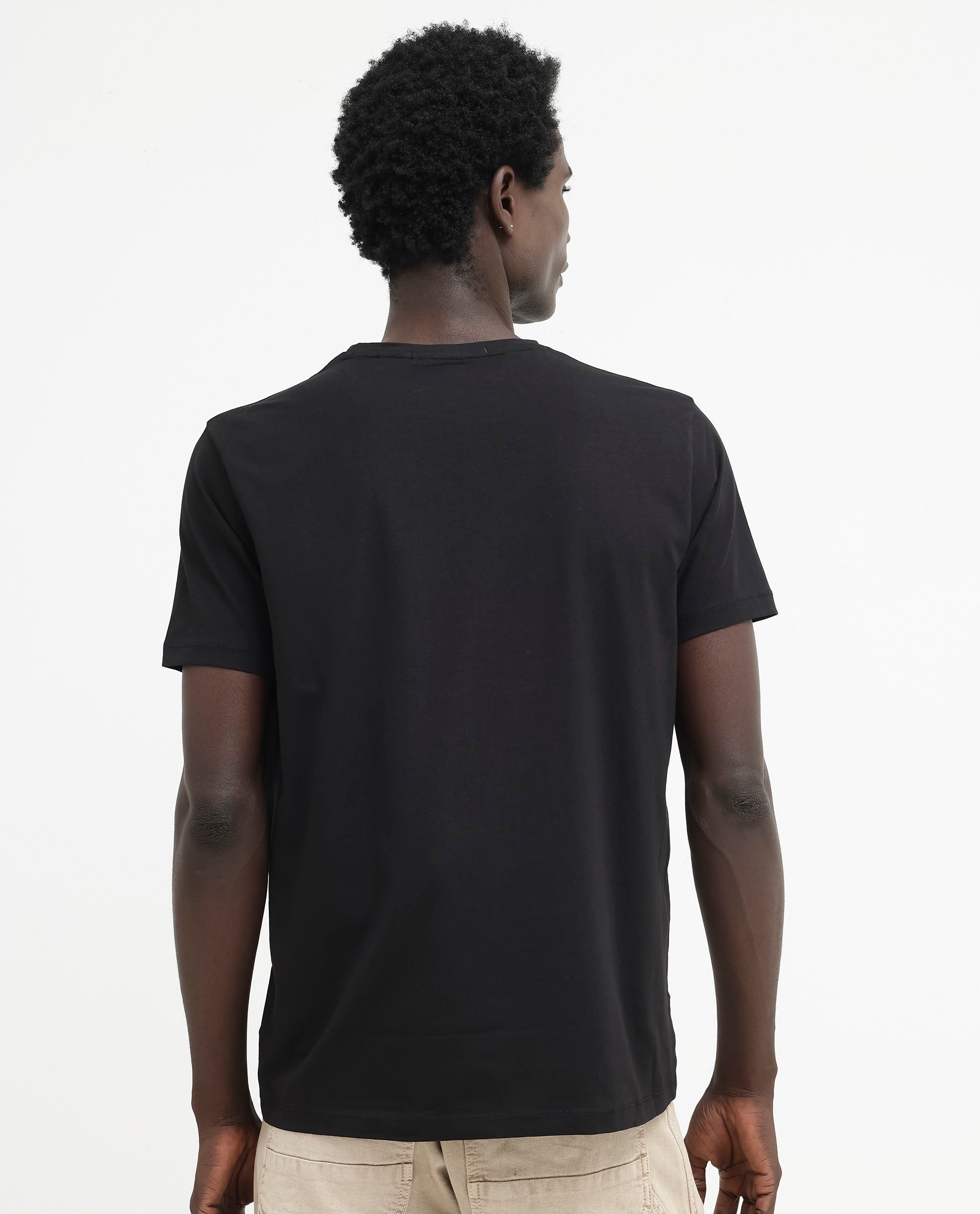 Rare Rabbit Men's Ammos Black Cotton Lycra Fabric Half Sleeves Embroidered Chest Pocket Solid T-Shirt