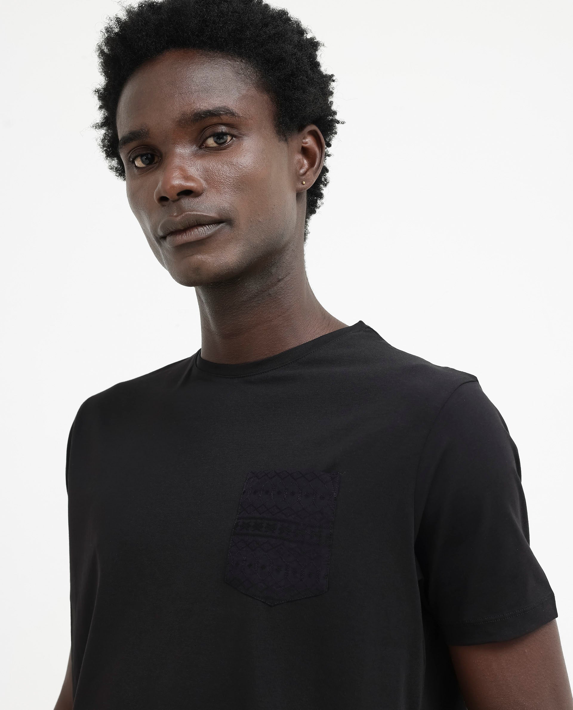 Rare Rabbit Men's Ammos Black Cotton Lycra Fabric Half Sleeves Embroidered Chest Pocket Solid T-Shirt