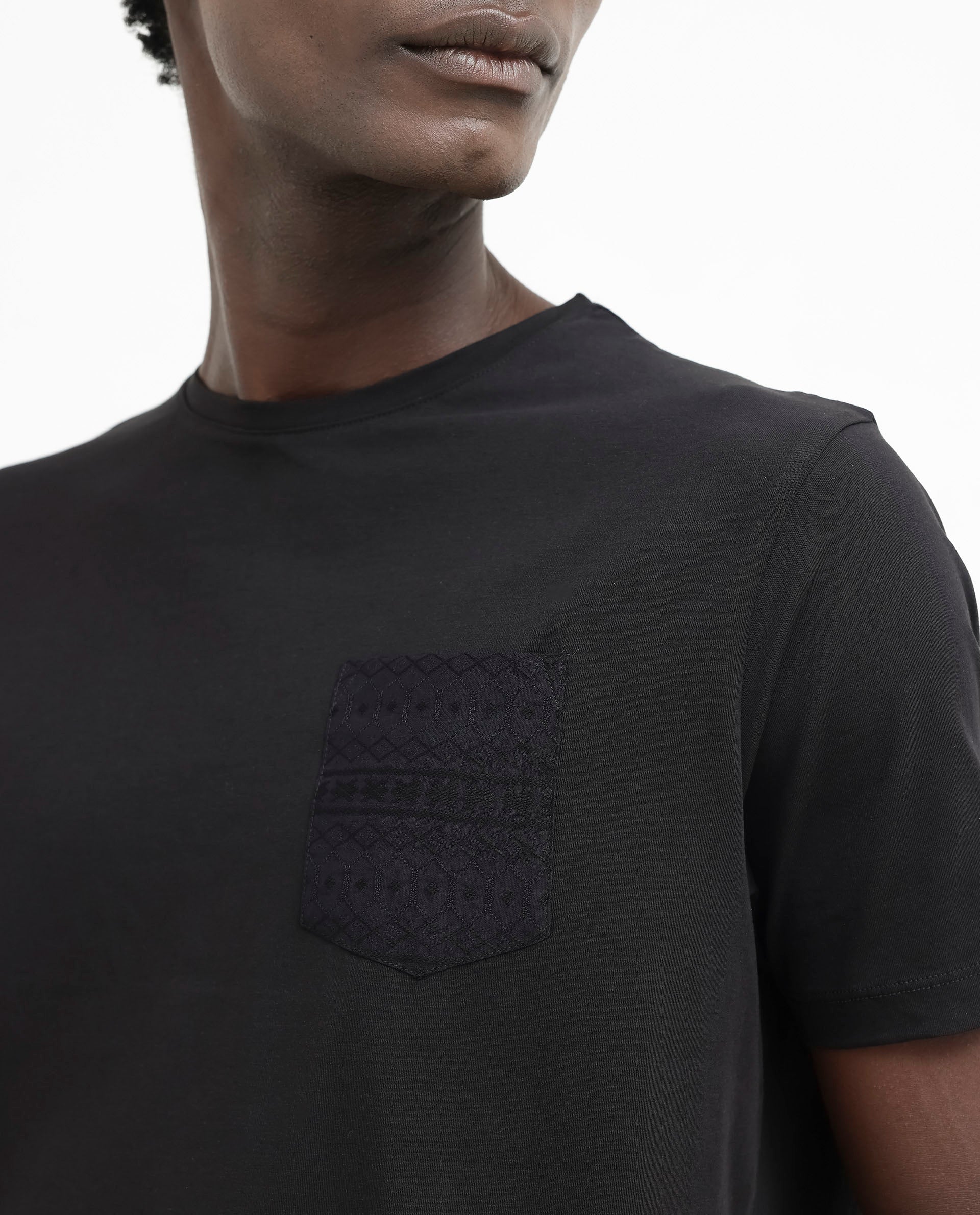 Rare Rabbit Men's Ammos Black Cotton Lycra Fabric Half Sleeves Embroidered Chest Pocket Solid T-Shirt