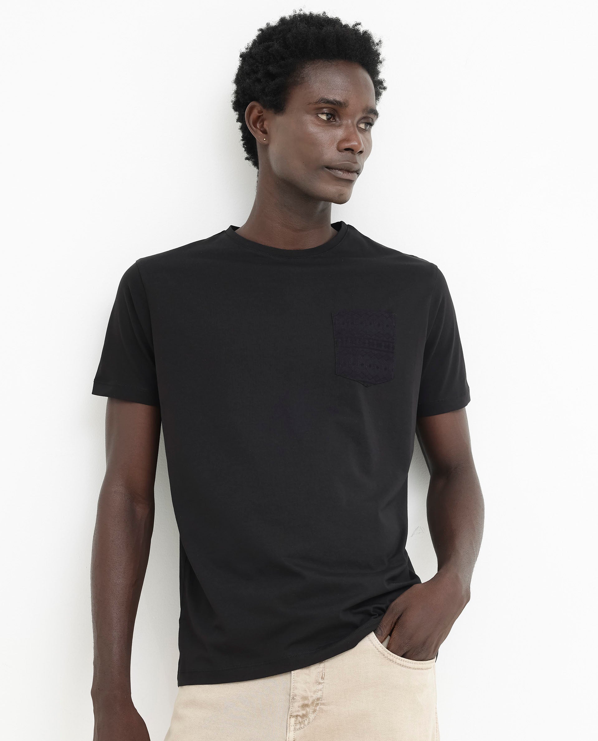 Rare Rabbit Men's Ammos Black Cotton Lycra Fabric Half Sleeves Embroidered Chest Pocket Solid T-Shirt