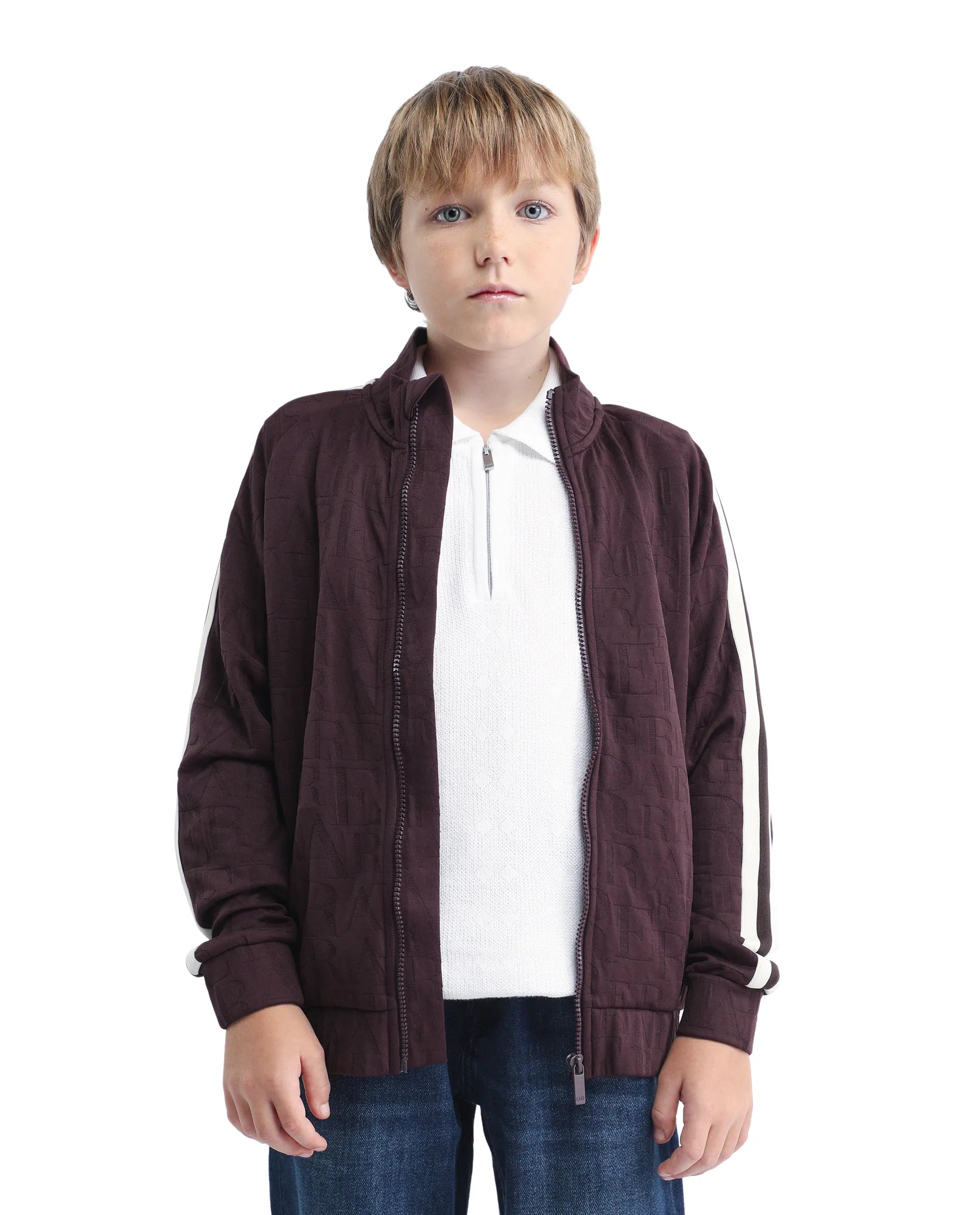 Rare Ones Kids Amni Brown Cotton Blend Zipper Closure High Neck Jacquard Full Sleeves Regular Fit Jacket