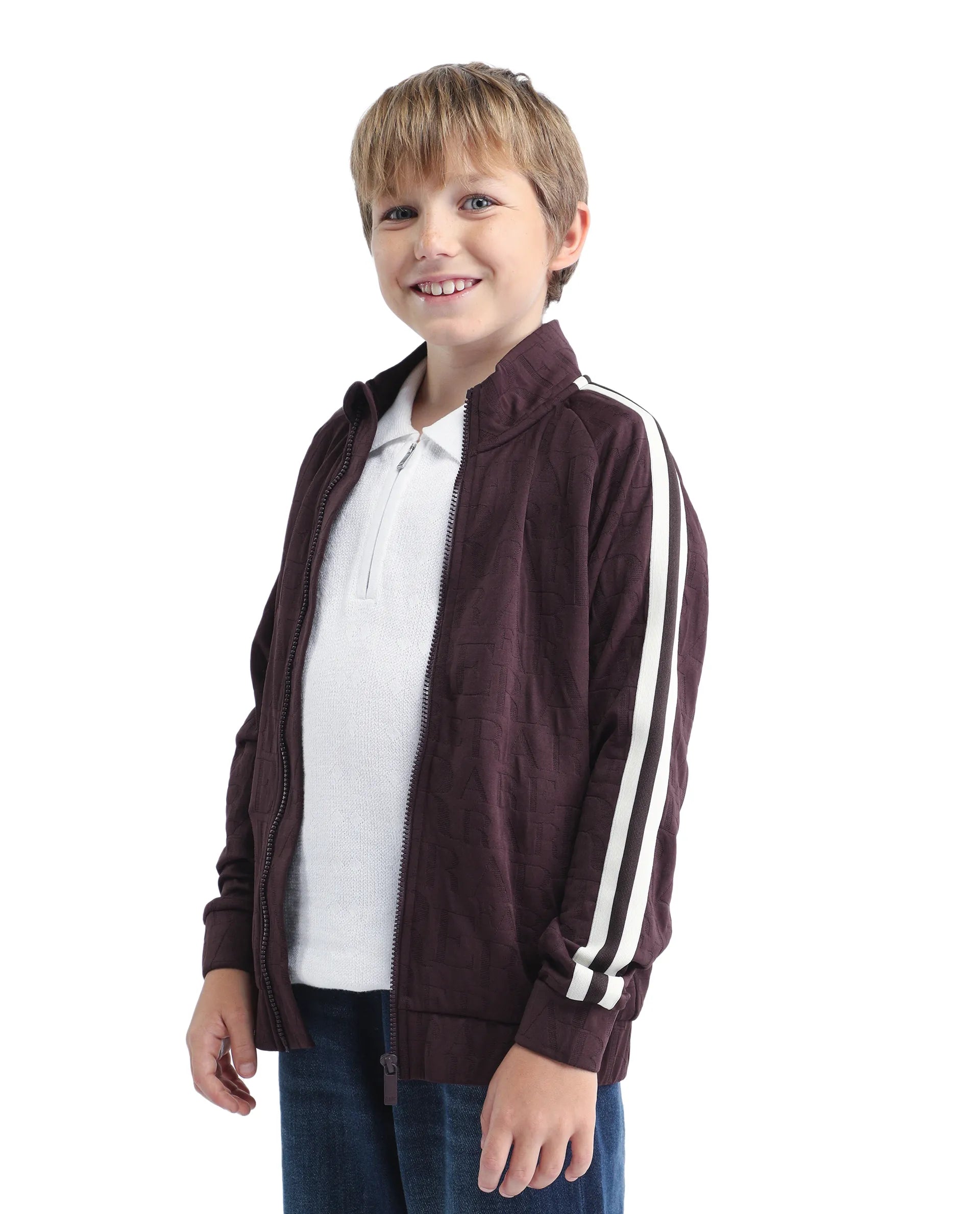 Rare Ones Kids Amni Brown Cotton Blend Zipper Closure High Neck Jacquard Full Sleeves Regular Fit Jacket