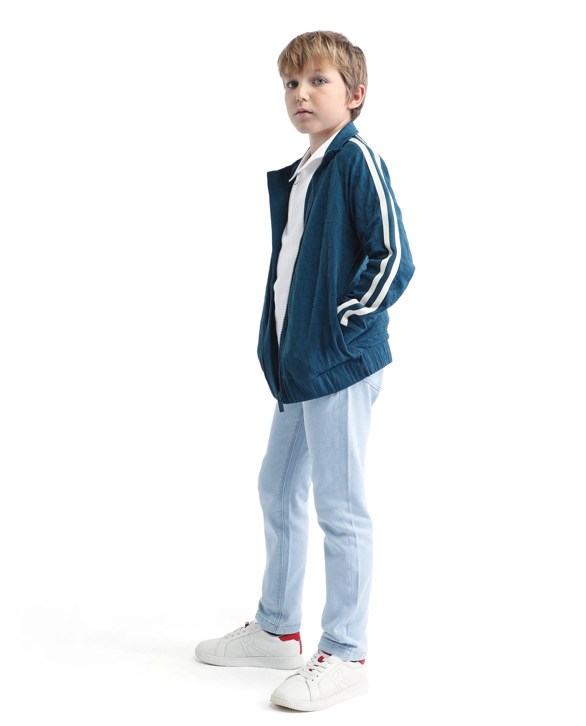 Rare Ones Kids Amni Teal Cotton Blend Zipper Closure High Neck Jacquard Full Sleeves Regular Fit Jacket