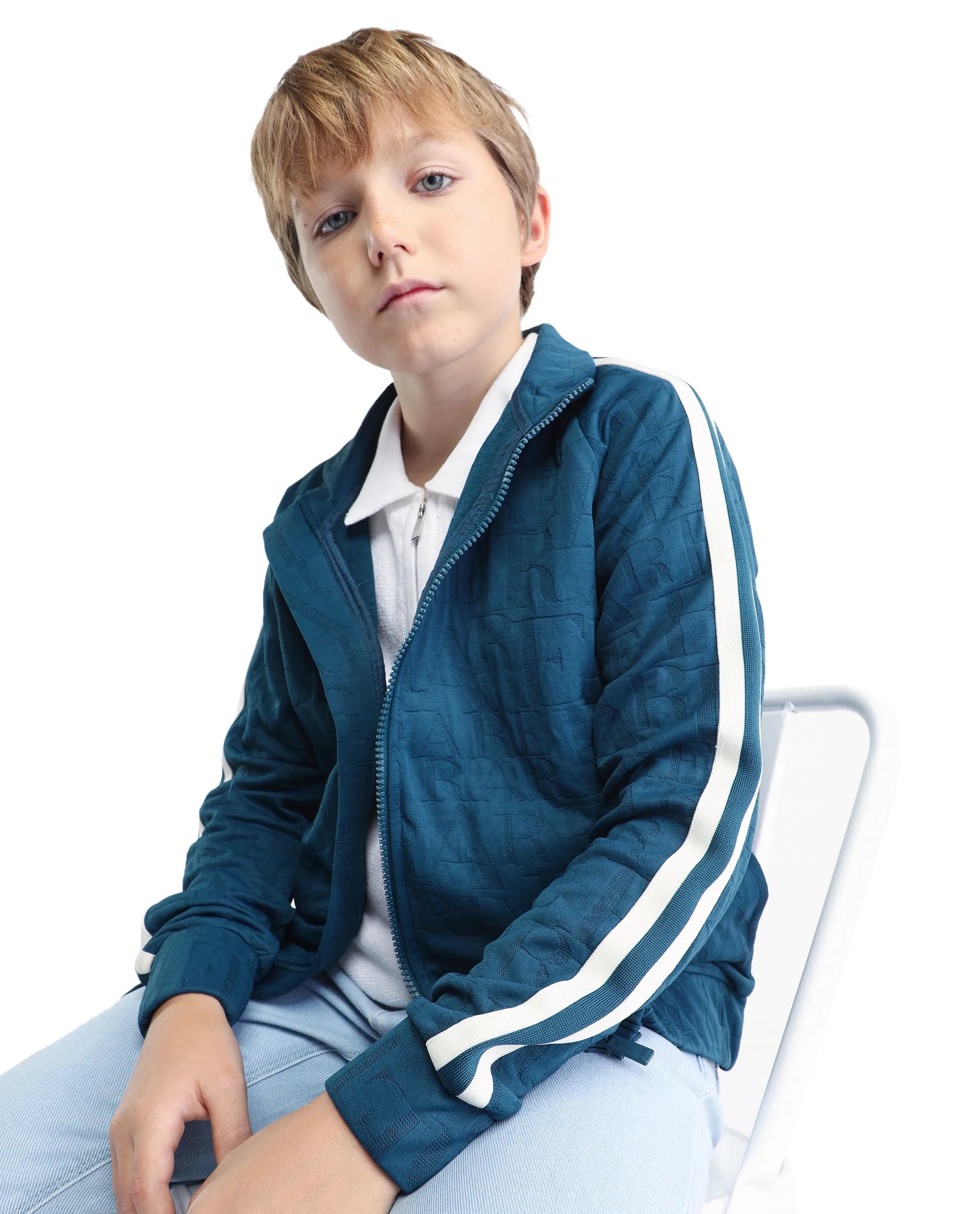 Rare Ones Kids Amni Teal Cotton Blend Zipper Closure High Neck Jacquard Full Sleeves Regular Fit Jacket