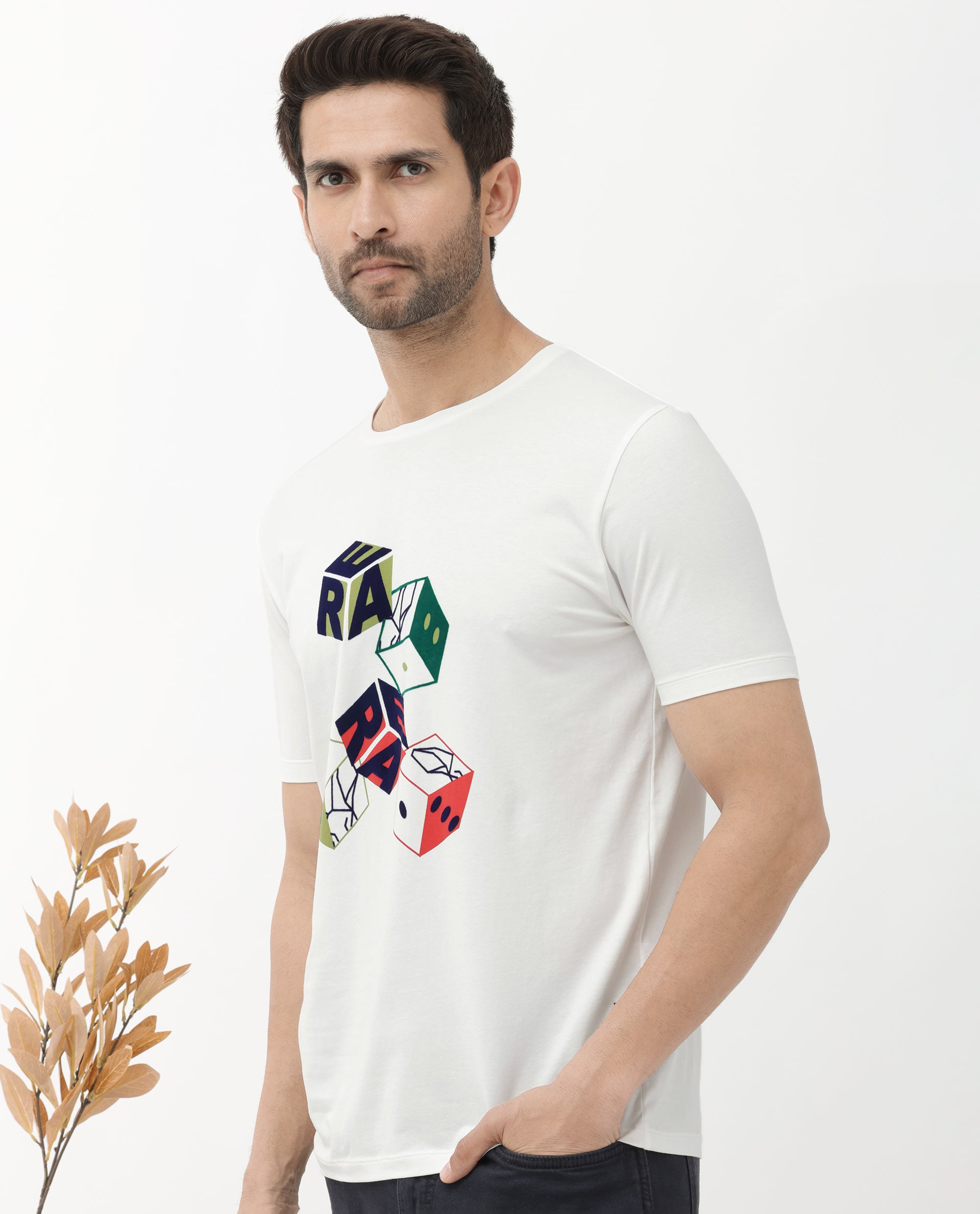 Rare Rabbit Articale Men's Amon Off White Cotton Polyester Fabric Half Sleeves Graphic Print T-Shirt