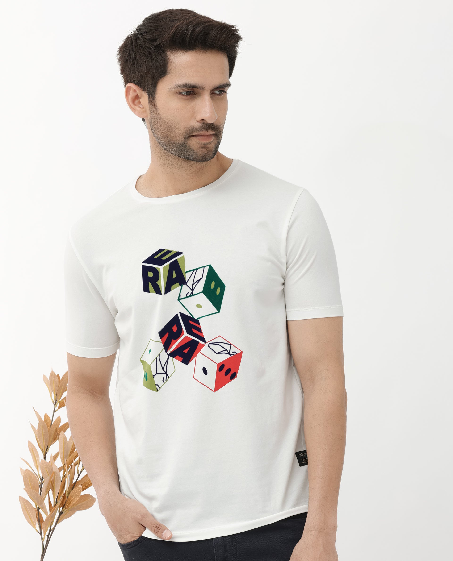 Rare Rabbit Articale Men's Amon Off White Cotton Polyester Fabric Half Sleeves Graphic Print T-Shirt