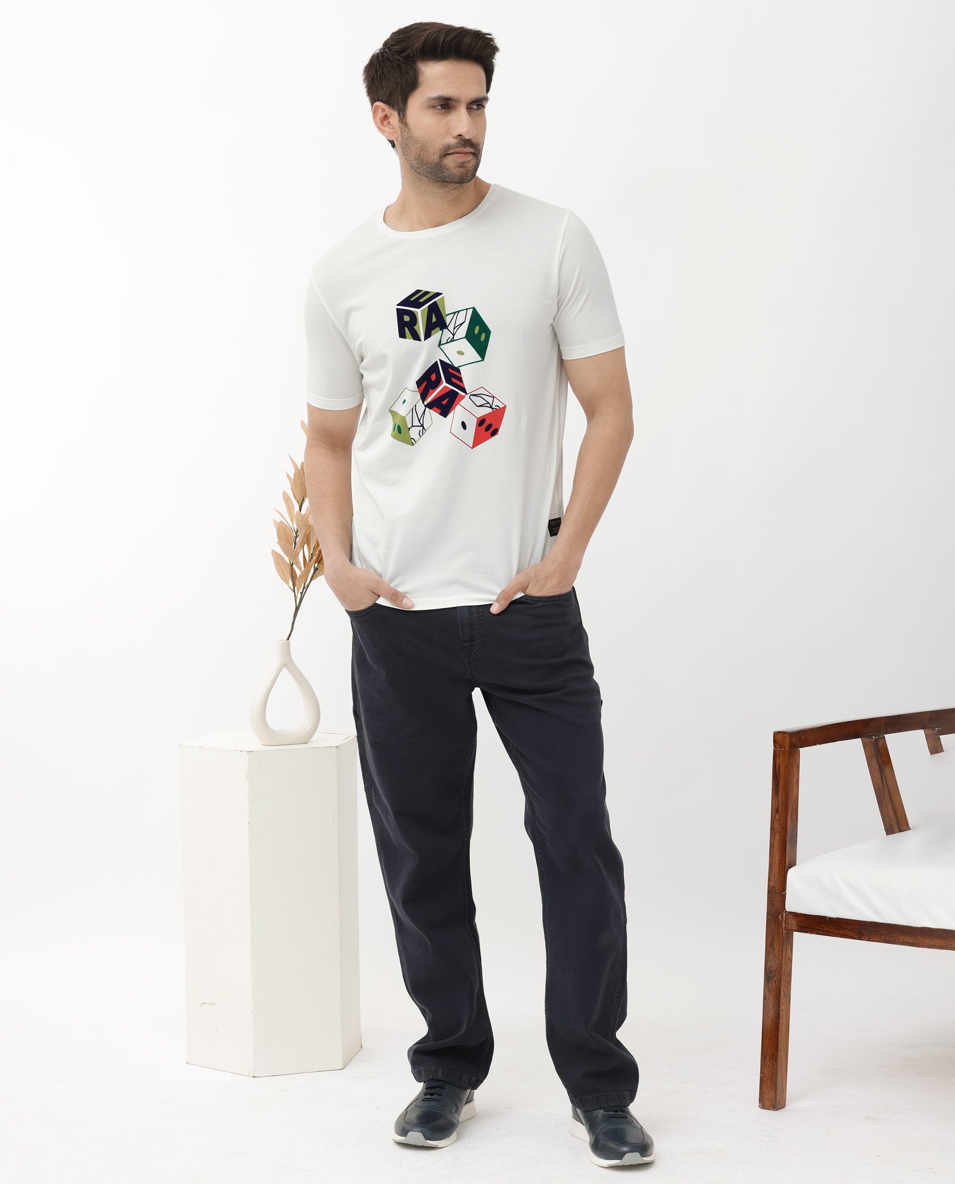 Rare Rabbit Articale Men's Amon Off White Cotton Polyester Fabric Half Sleeves Graphic Print T-Shirt