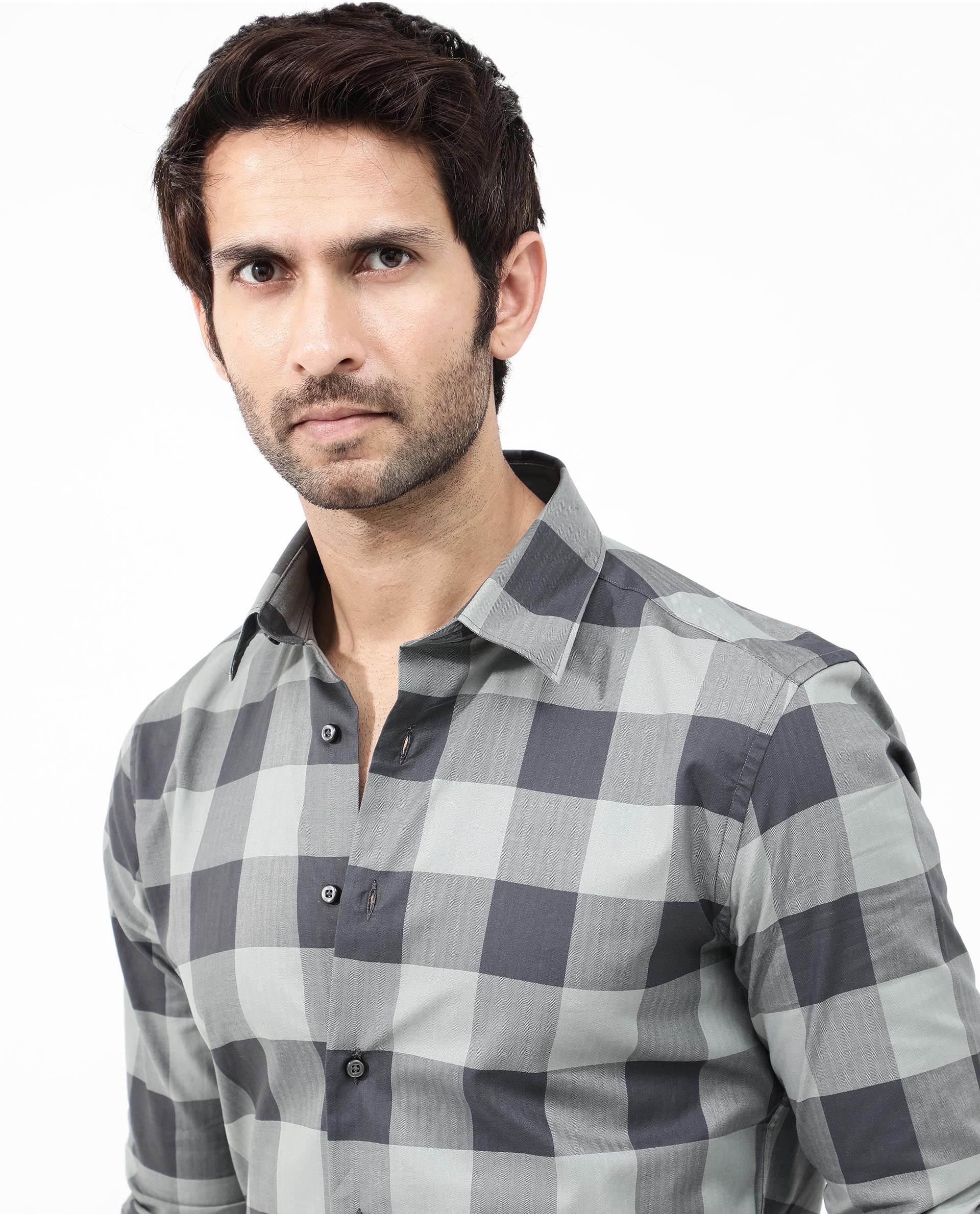 Rare Rabbit Mens Amos Grey Cotton Fabric Full Sleeve Regular Fit Checks Shirt