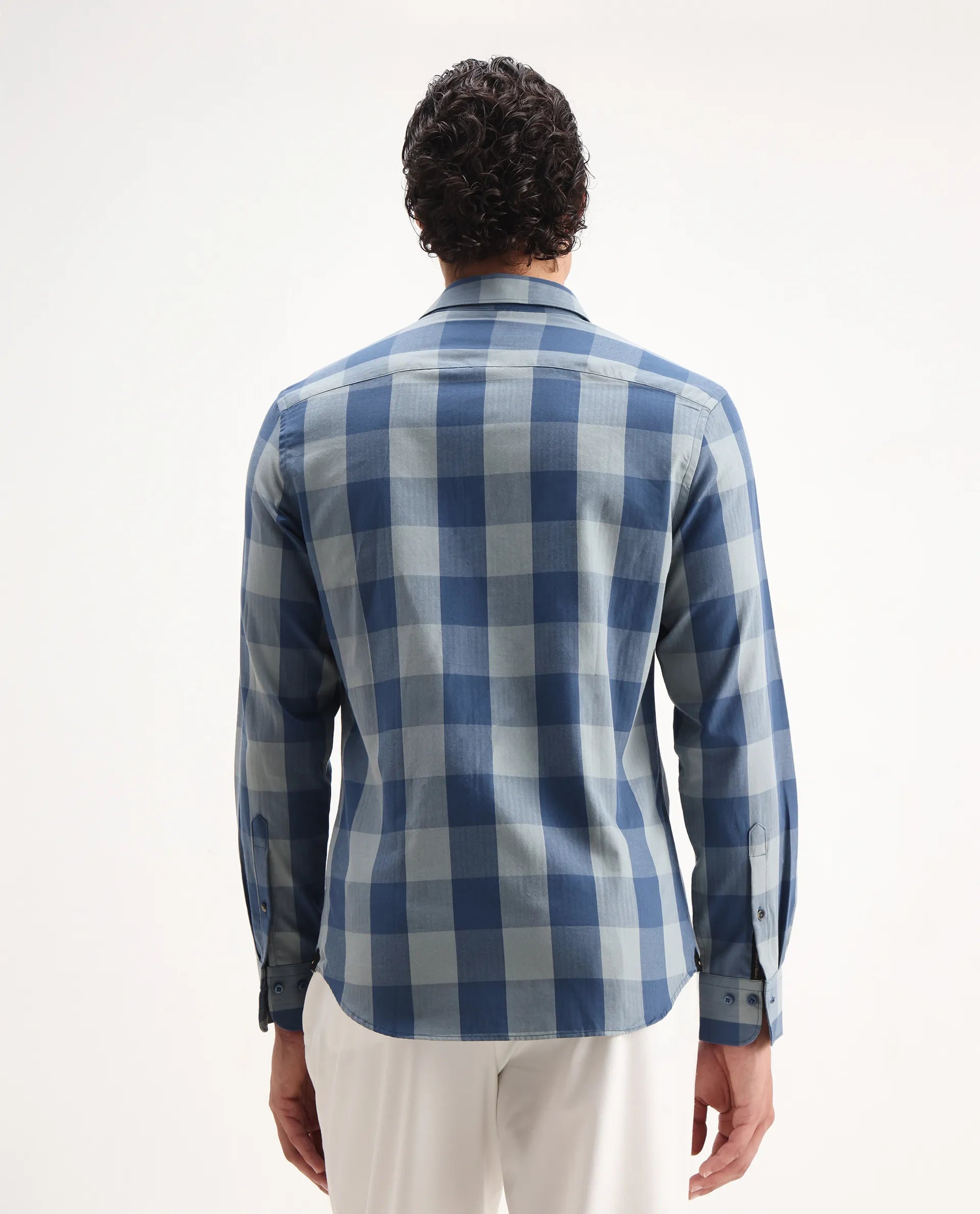 Rare Rabbit Men's Amos Blue Cotton Checked Print Regular Fit Full Sleeve Collared Shirt