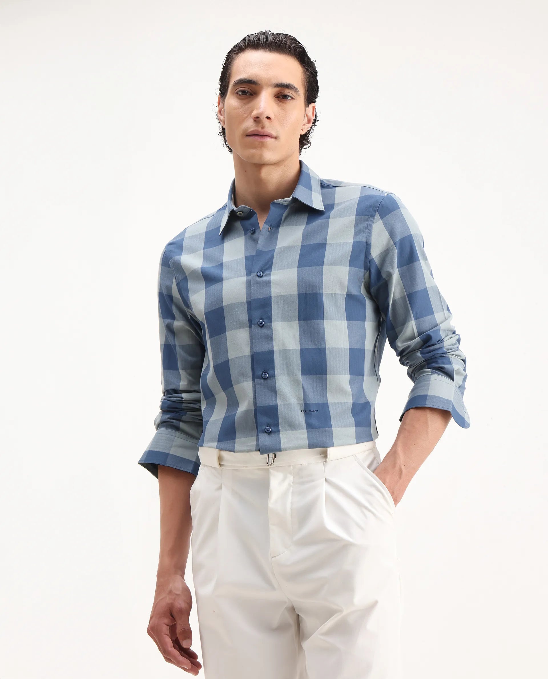 Rare Rabbit Men's Amos Blue Cotton Checked Print Regular Fit Full Sleeve Collared Shirt