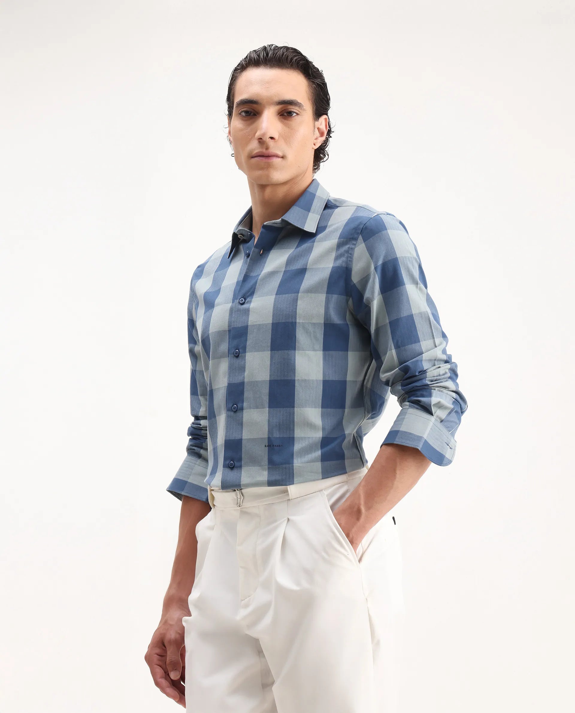 Rare Rabbit Men's Amos Blue Cotton Checked Print Regular Fit Full Sleeve Collared Shirt