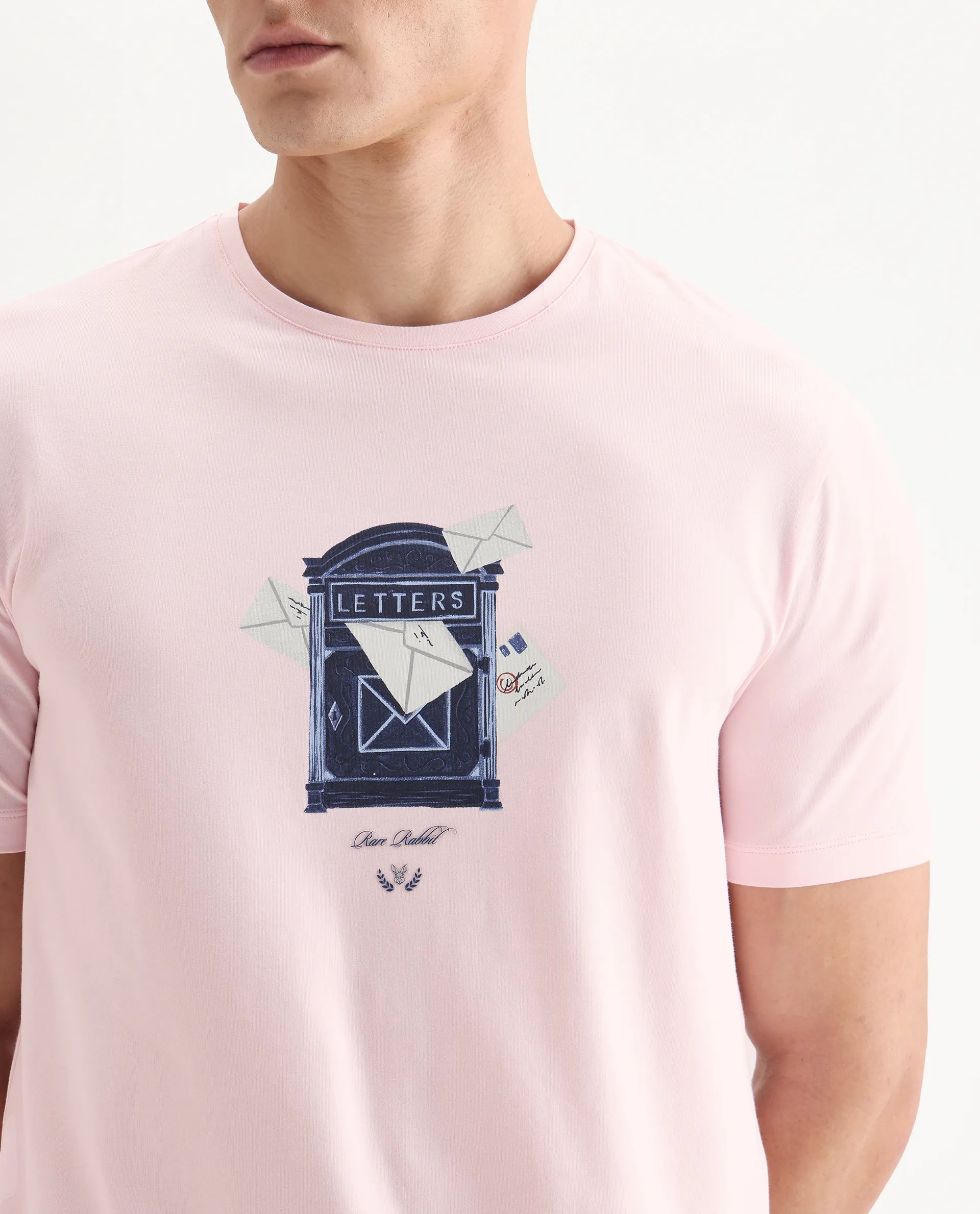 Rare Rabbit Men's Amos Pastel Pink Cotton Blend Graphic Print Regular Fit Half Sleeve Crew Neck T-Shirt