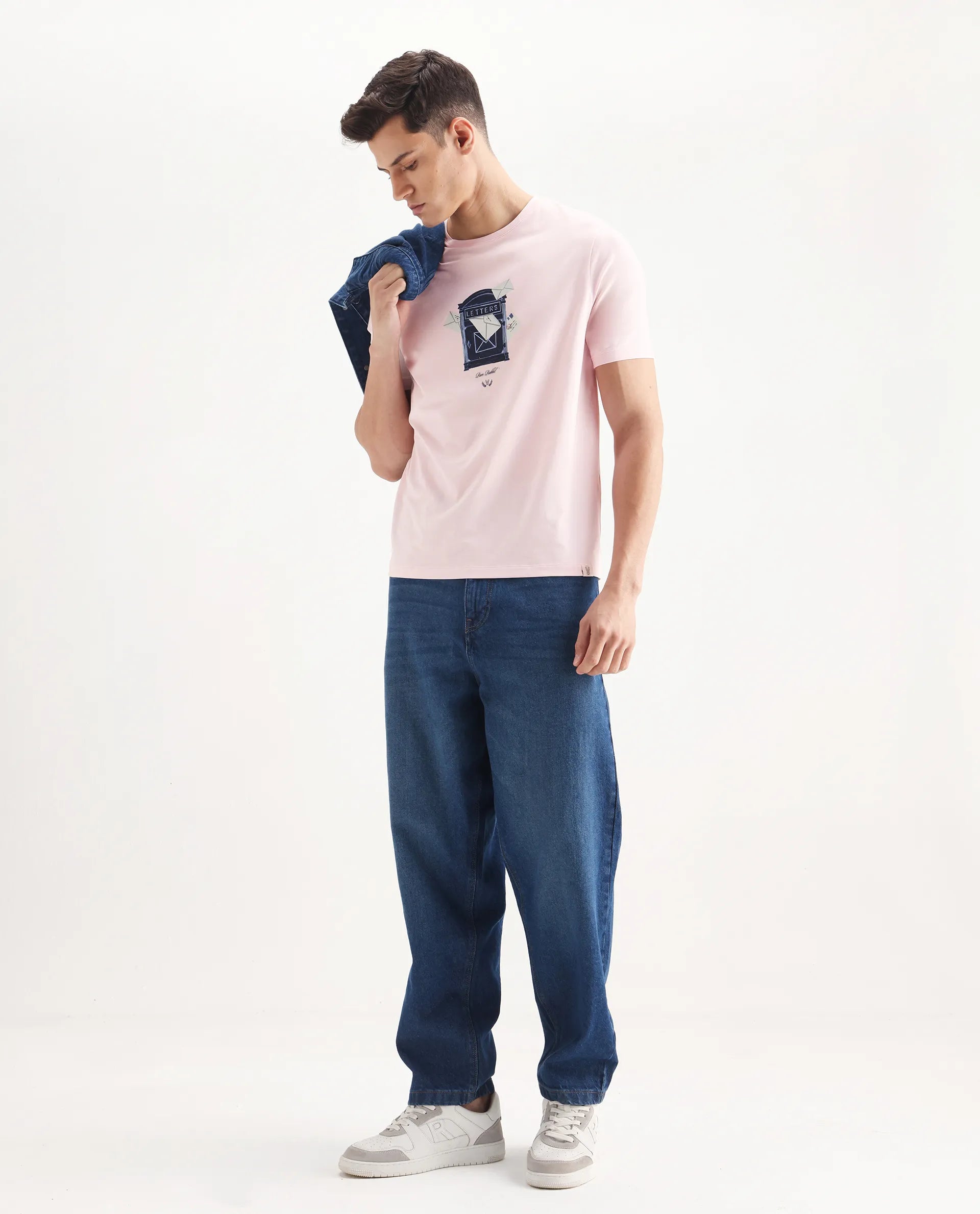 Rare Rabbit Men's Amos Pastel Pink Cotton Blend Graphic Print Regular Fit Half Sleeve Crew Neck T-Shirt