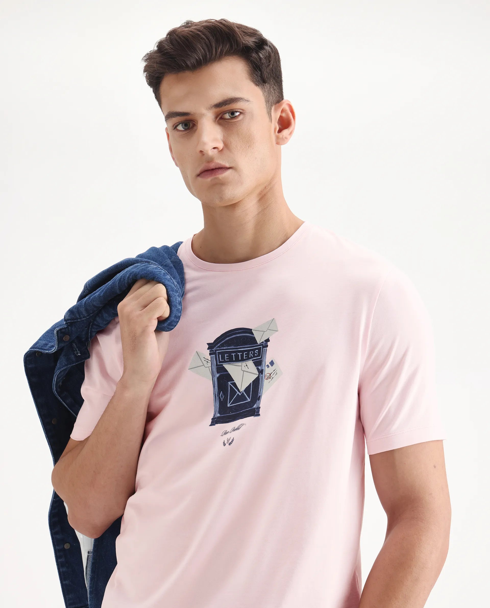 Rare Rabbit Men's Amos Pastel Pink Cotton Blend Graphic Print Regular Fit Half Sleeve Crew Neck T-Shirt
