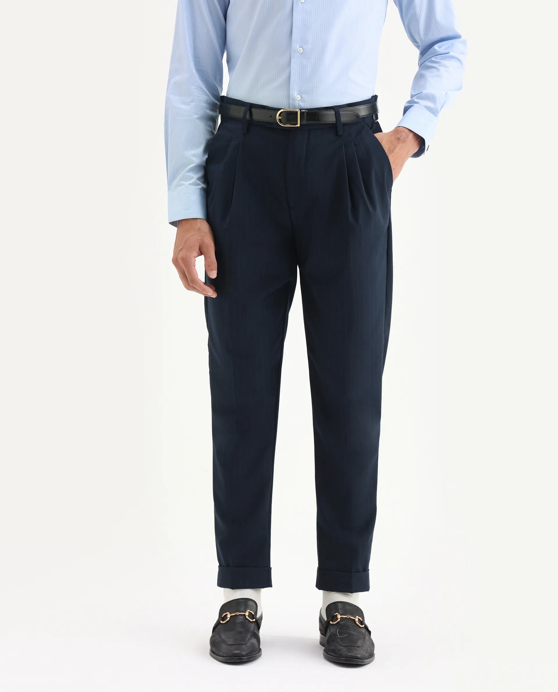 Rare Rabbit Men's Amosy Navy Cotton Striped Print Relaxed Fit Trouser